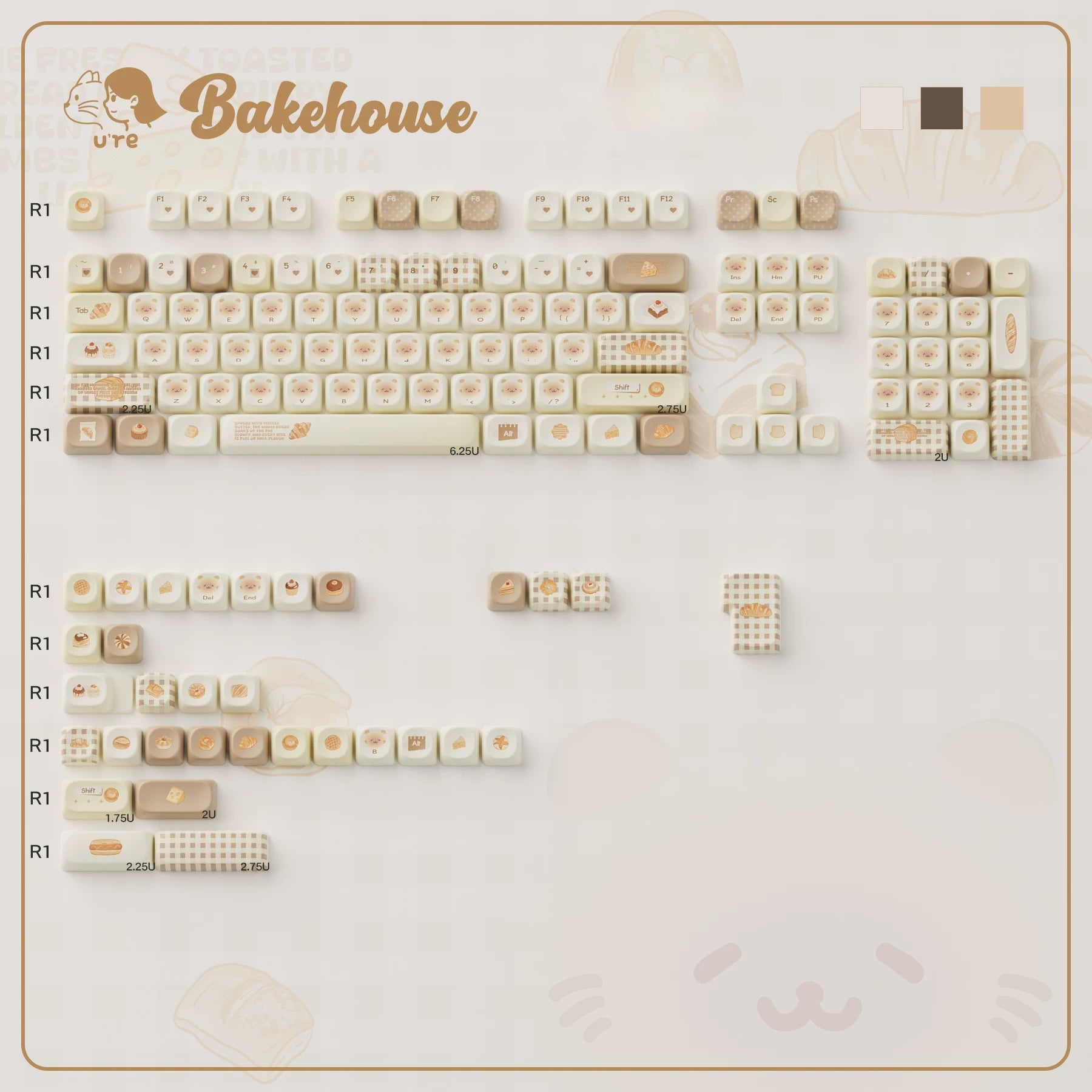 Bakehouse Keycap Set | PBT+PC Side-Print Bear & Bakery Keycaps | OEM/MOA Profile