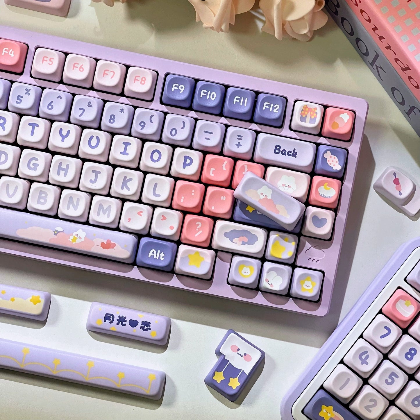 Moonlight Bunny Keycap Set – 142 Keys Pastel PBT Dye-Sublimated Keycaps for Mechanical Keyboards