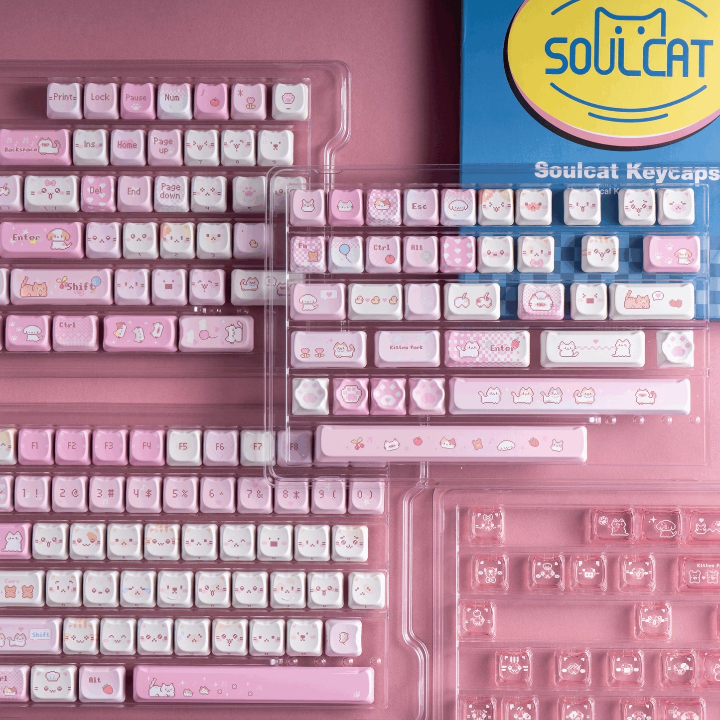 kawaii retro desk setup pixel meow meow keycaps cloud puff wrist rest pink pixel aesthetic 2025