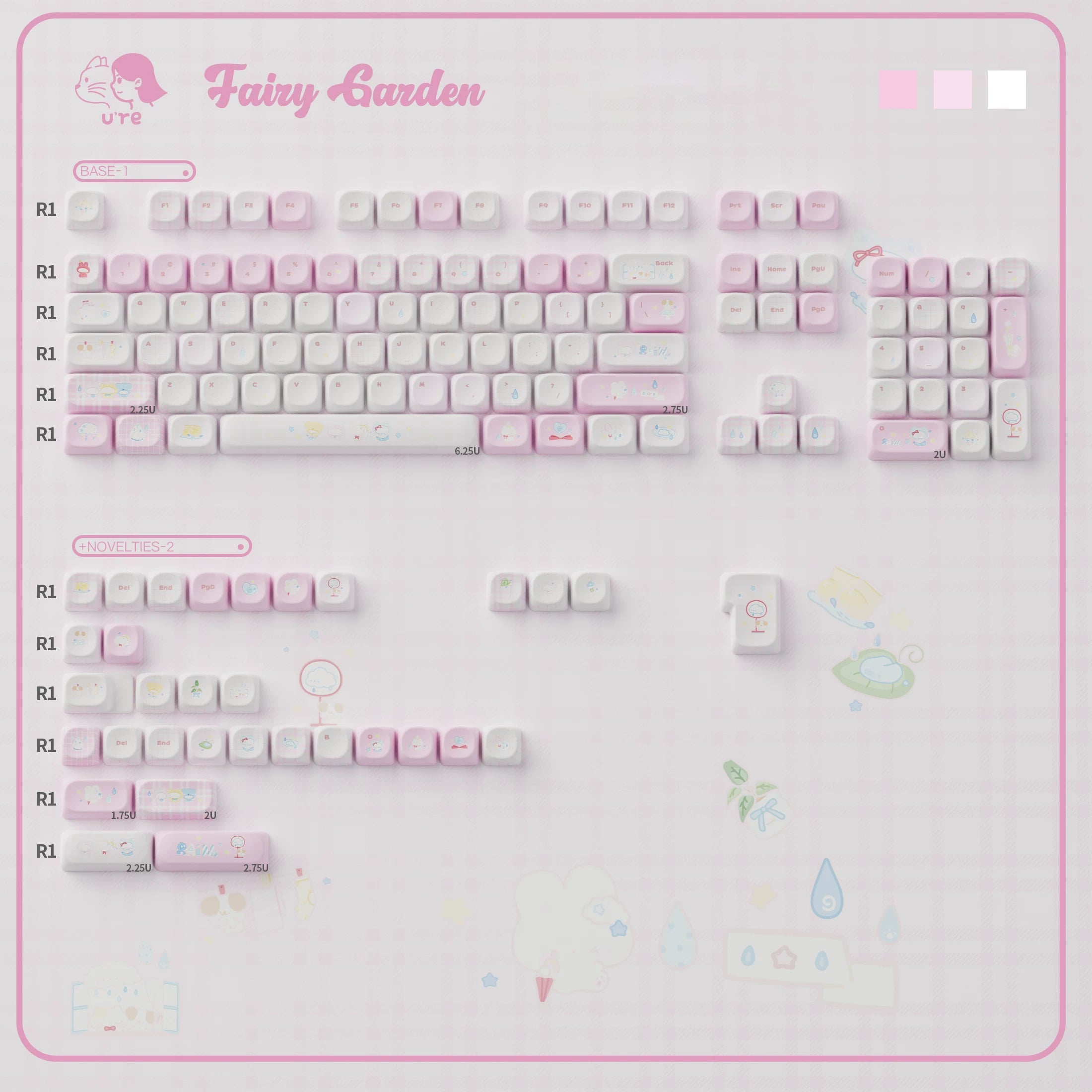 Fairy Garden Keycap Set – Cute Pastel Pink & Milk White PBT Keycaps | U're Lab
