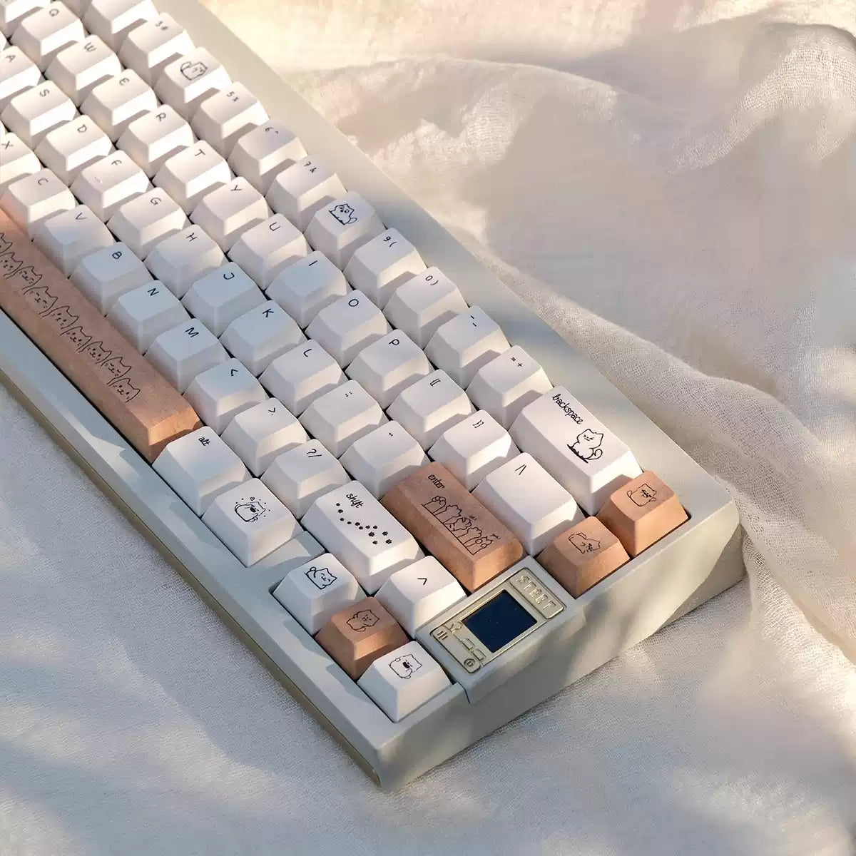 Dune Cat Keycaps Set – 144 Keys Cream & Caramel PBT Dye-Sub, OEM Profile, Alice Layout Compatible
