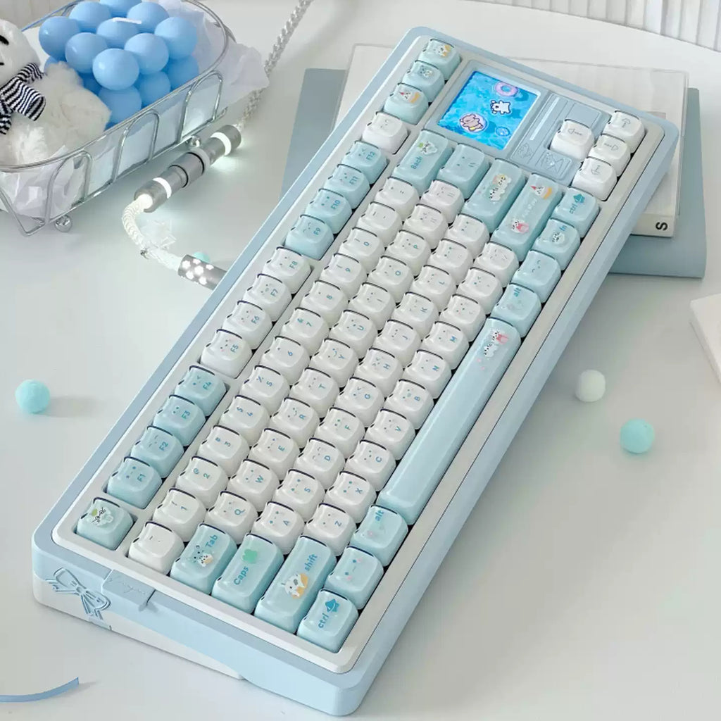 Jelly Cat Paradise Keycap Set – Pastel Blue & White ABS+PC Double-Shot Cute Kitty Keycaps (119 Keys, MAO Profile)