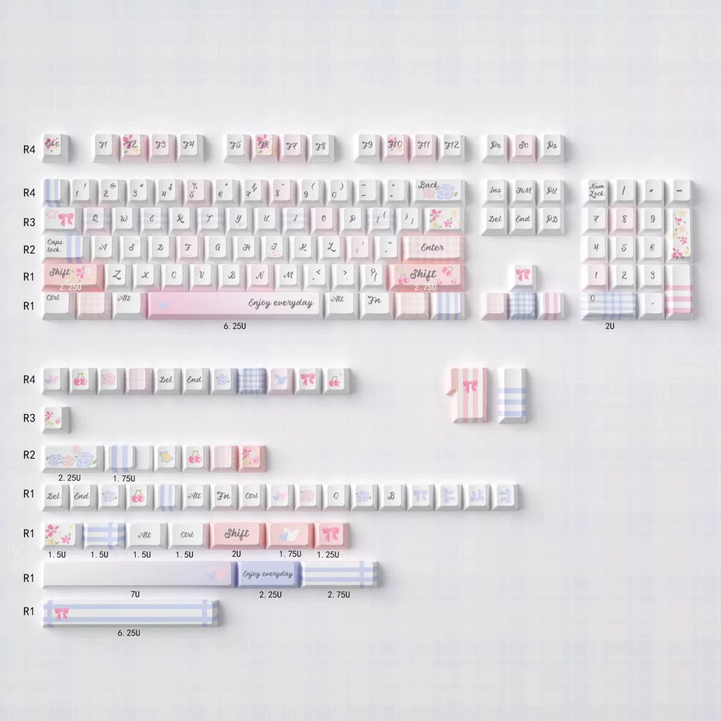 Grid Garden Keycaps Set – Blue & Pink Gingham Floral PBT Dye-Sub, OEM/MOA Profile