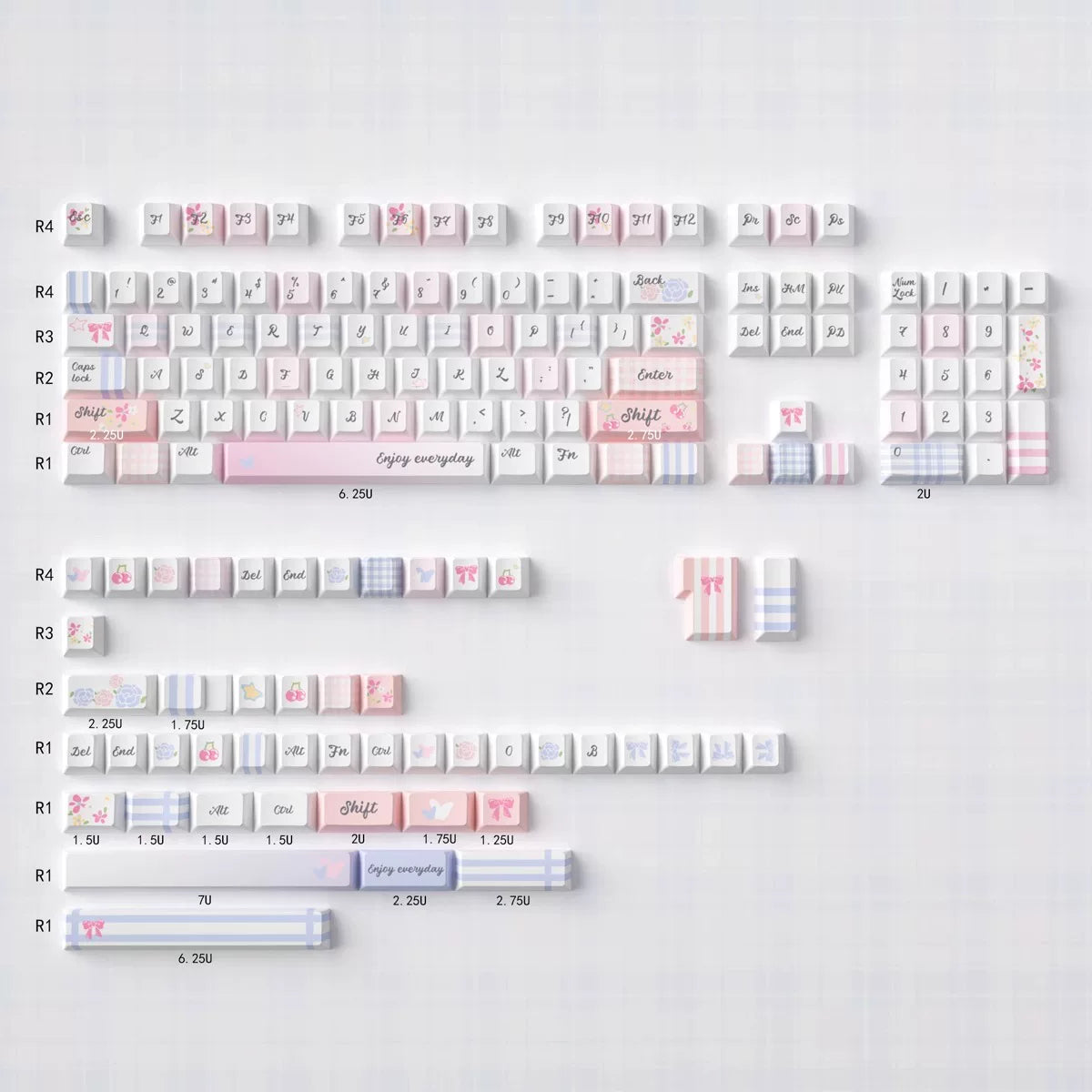 Grid Garden Keycaps Set – Blue & Pink Gingham Floral PBT Dye-Sub, OEM/MOA Profile