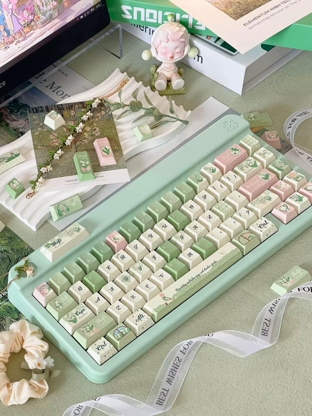 Lily of the Valley Keycap Set | Pastoral Sage Green PBT Cherry Profile Keycaps | 131 Keys