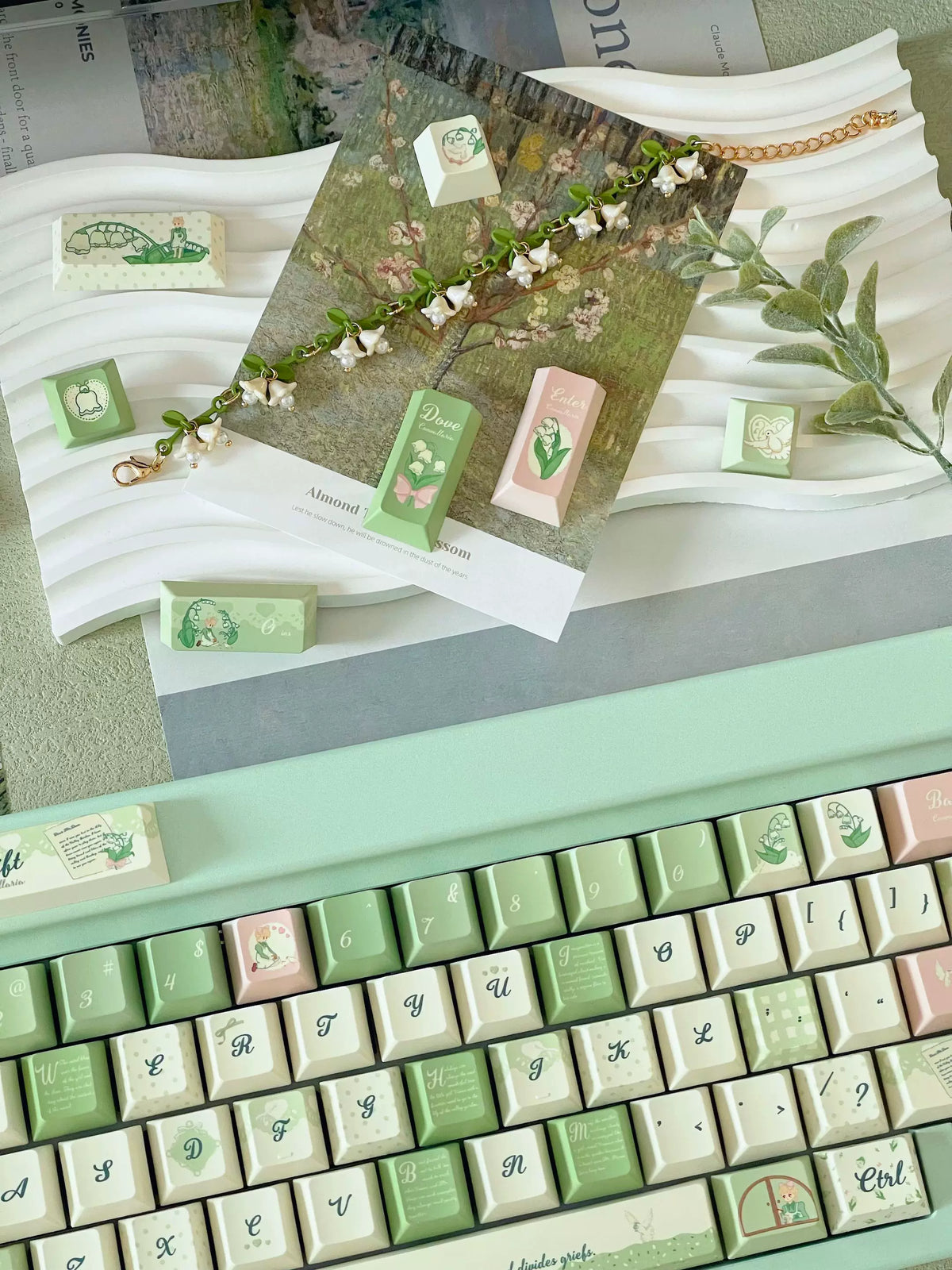 Lily of the Valley Keycap Set | Pastoral Sage Green PBT Cherry Profile Keycaps | 131 Keys