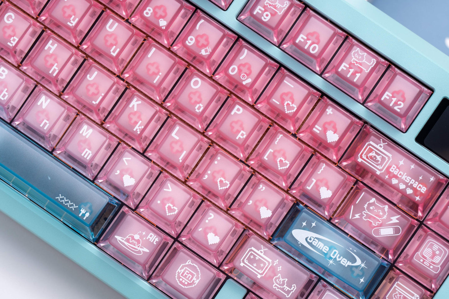 electronic meow meow pc keycaps pink transparent foggy 1.7mm rgb glow cyber cat keyboard setup 2025