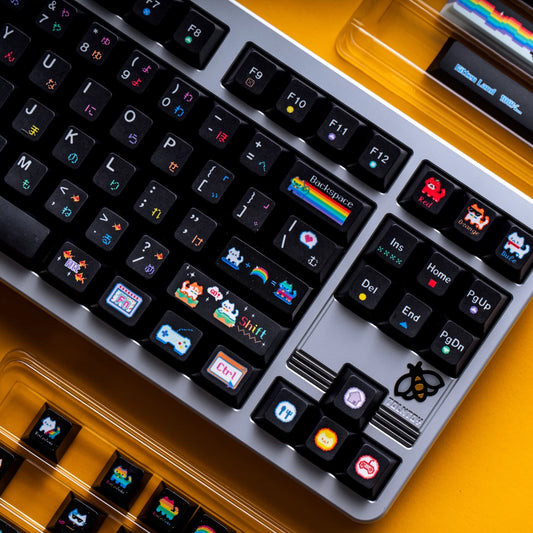 rainbow meow meow keycaps 2025 pbt pc transparent foggy dye-sub full set kawaii rainbow cat hearts clouds