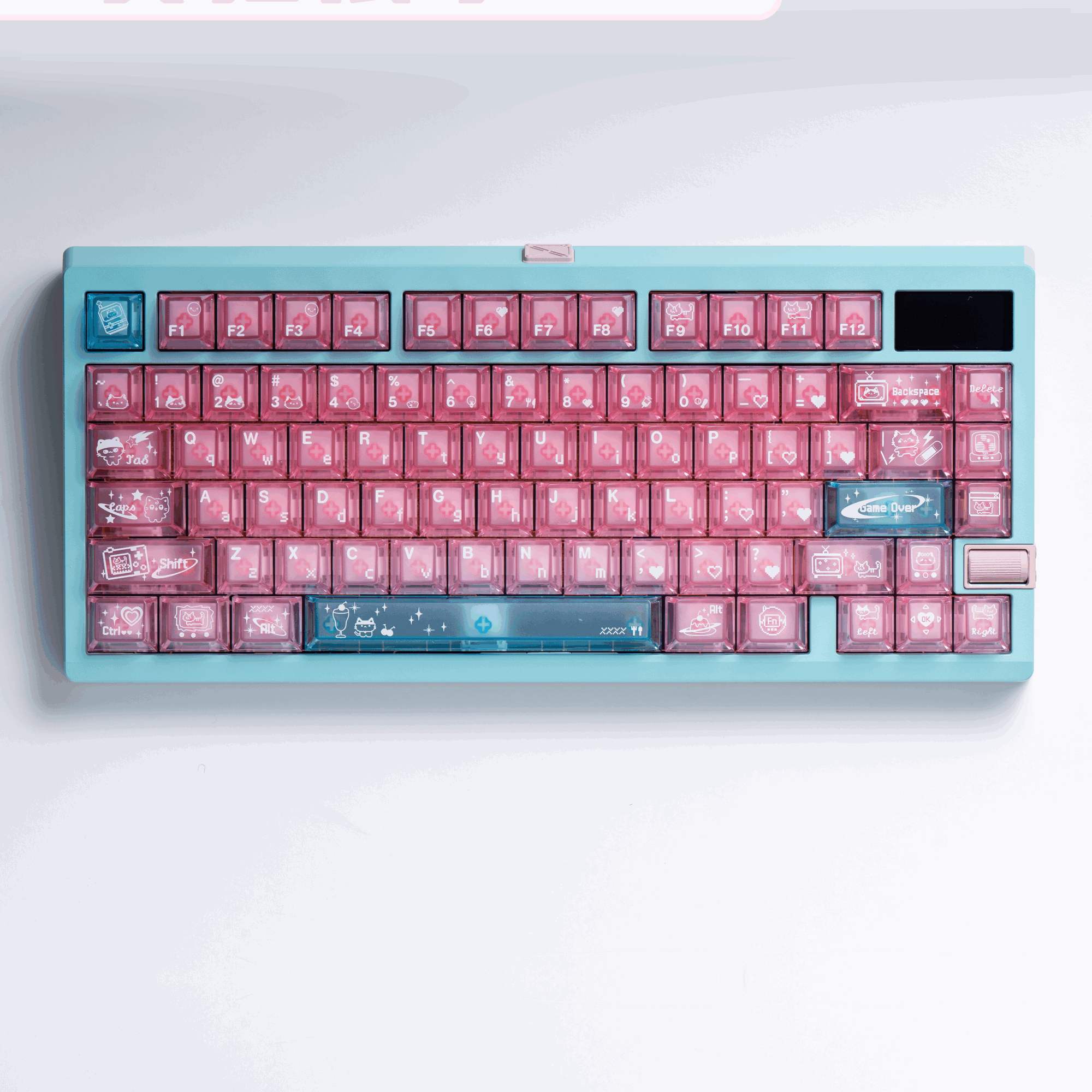 electronic meow meow pc keycaps 2025 pink transparent foggy top 1.7mm thick shine through full set cyber cat