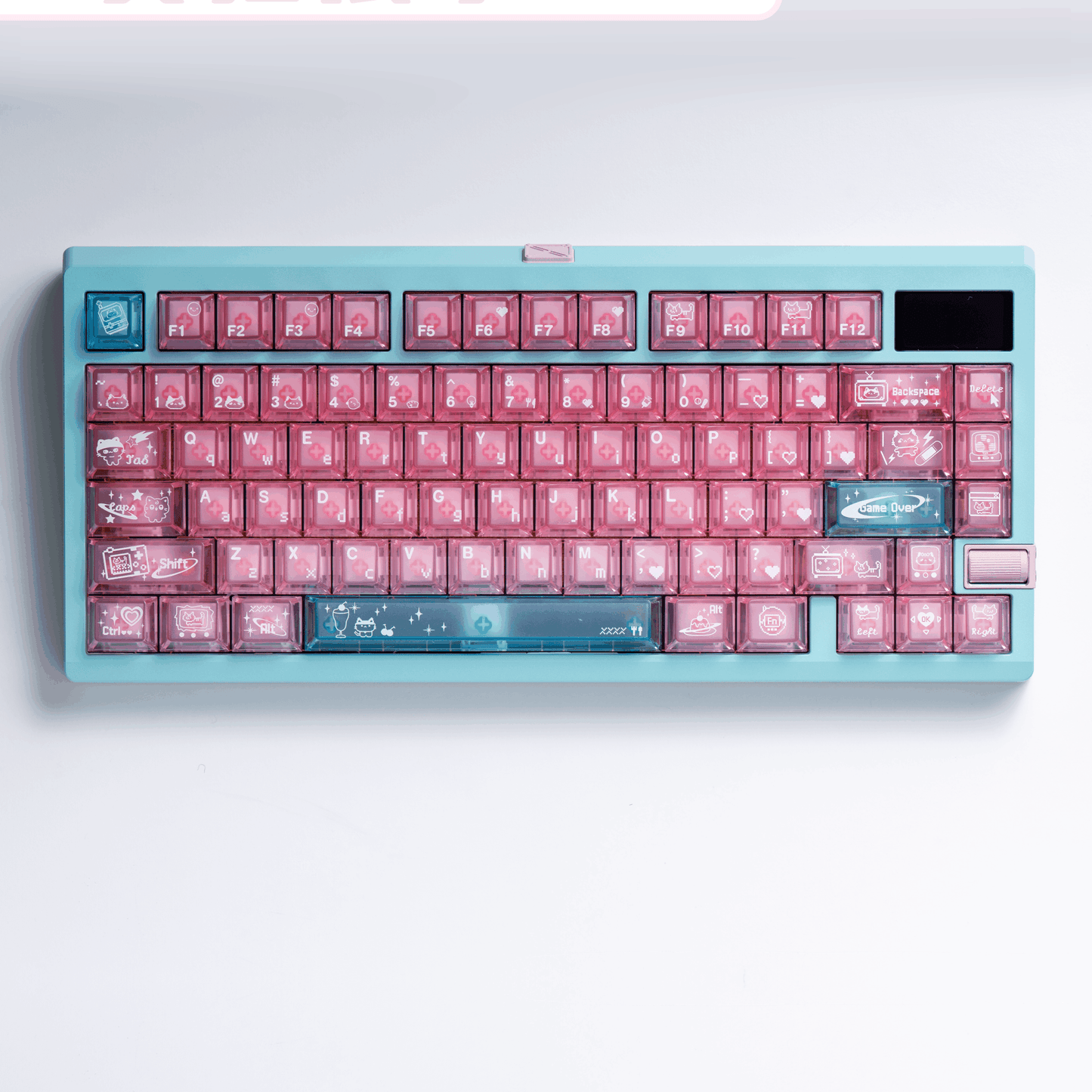 electronic meow meow pc keycaps 2025 pink transparent foggy top 1.7mm thick shine through full set cyber cat