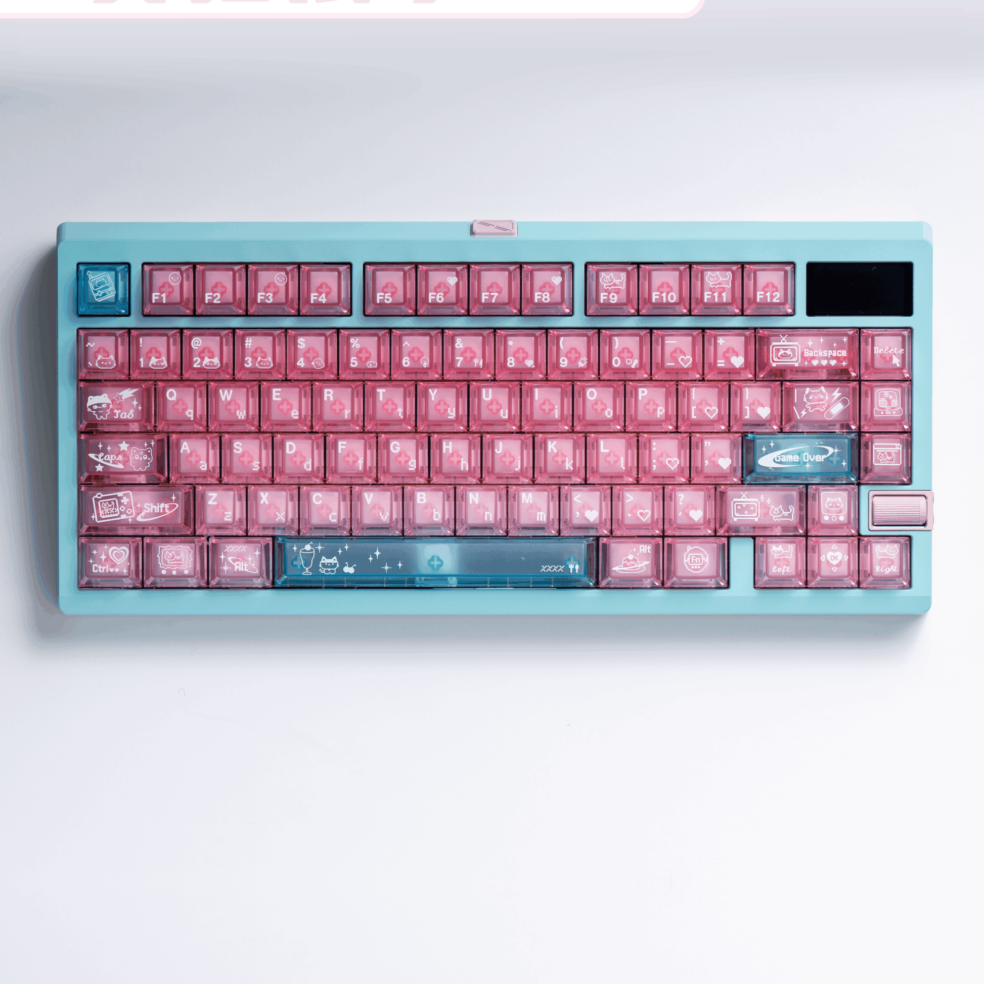 electronic meow meow pc keycaps 2025 pink transparent foggy top 1.7mm thick shine through full set cyber cat