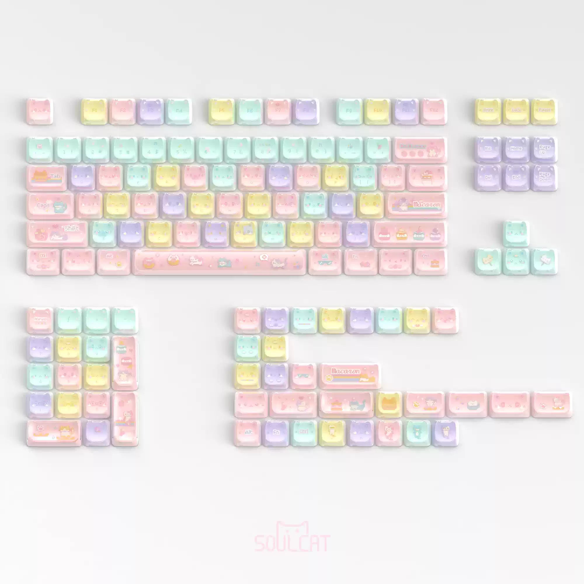Macaron Meow Cat-Ear Keycaps – PC Transparent MAO Profile, 134 Keys
