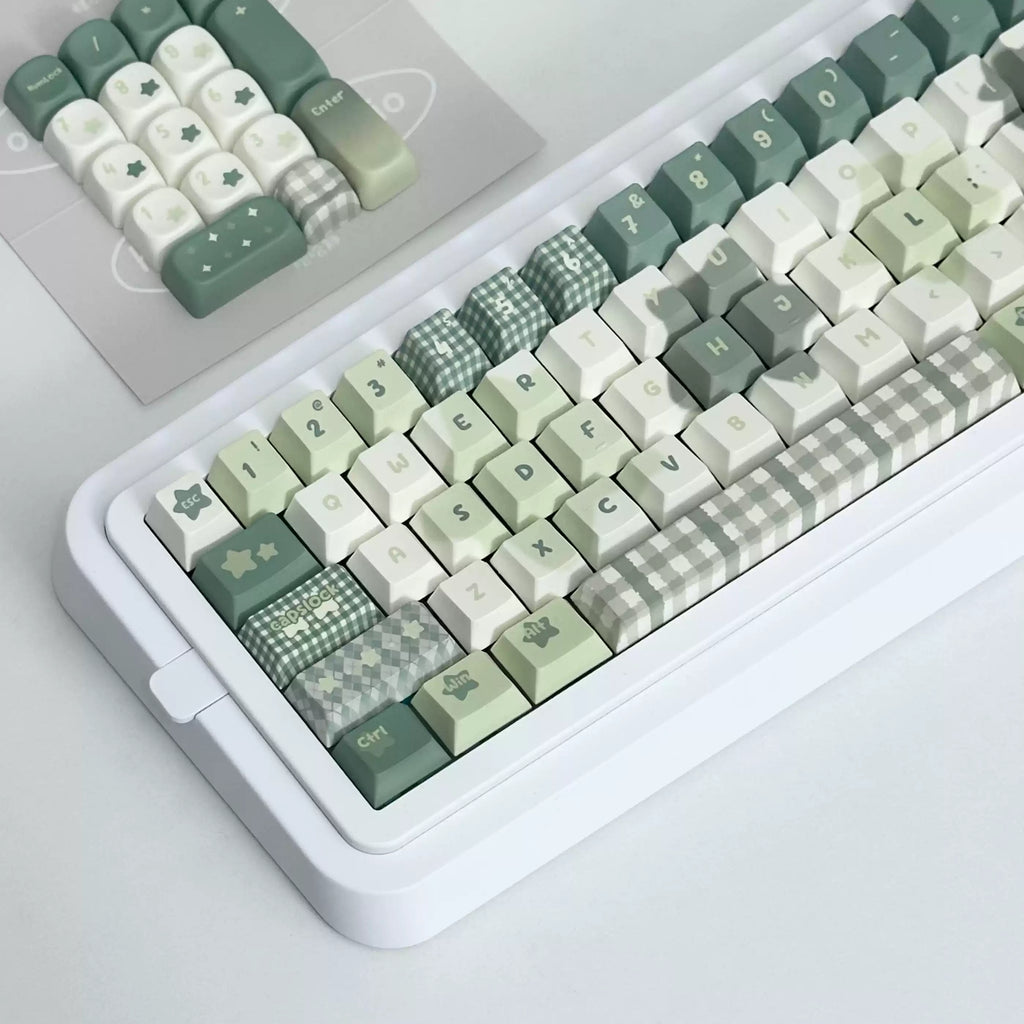 A close-up of a mechanical keyboard with pastel green, cream, and gray patterned keycaps, shown on a light gray surface with a smaller inset view of the keycap layout.