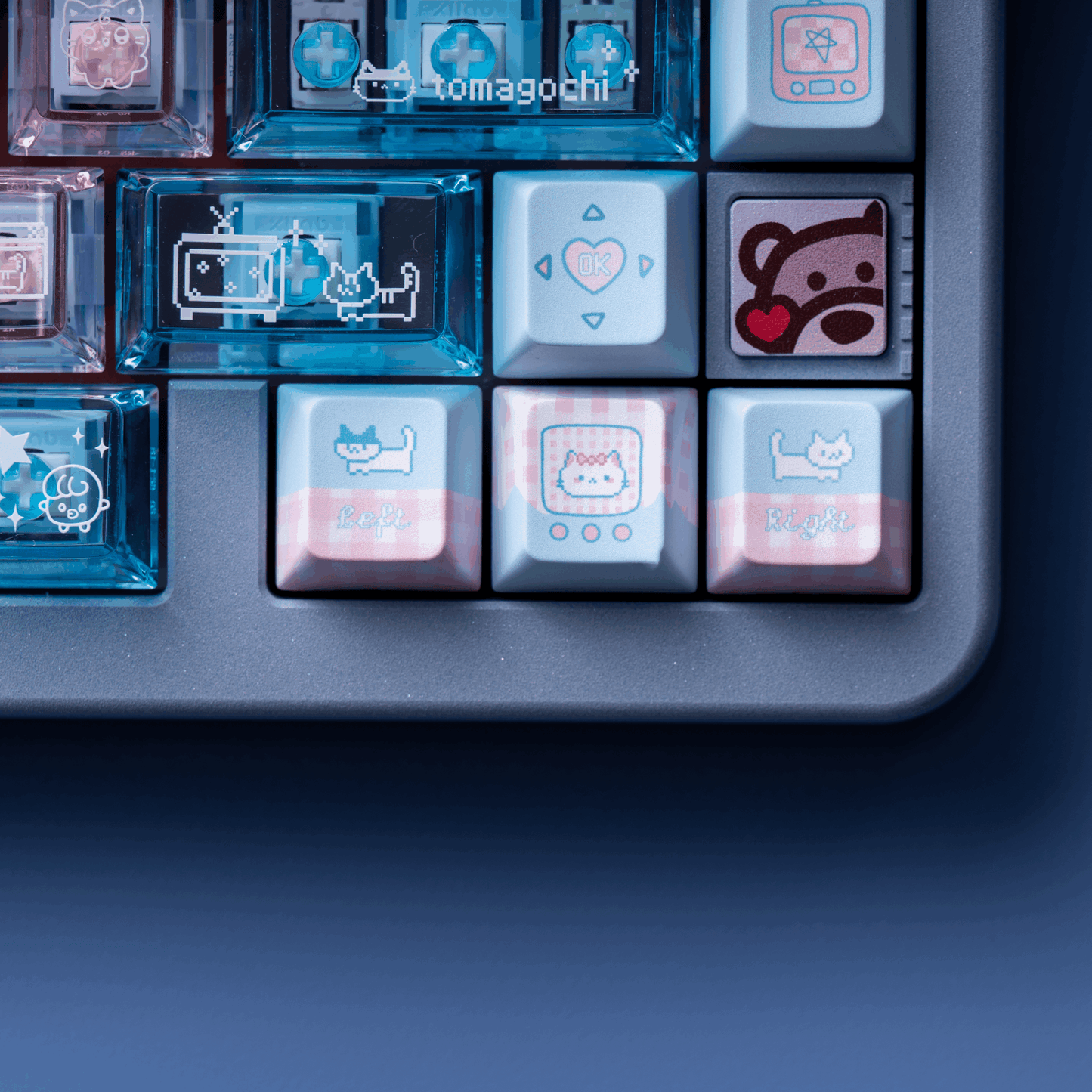 electronic meow meow keycaps on mechanical keyboard transparent pc foggy rgb glow cyber cat neon setup 2025