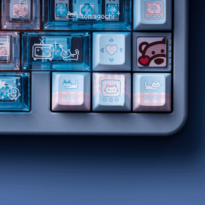 electronic meow meow keycaps on mechanical keyboard transparent pc foggy rgb glow cyber cat neon setup 2025