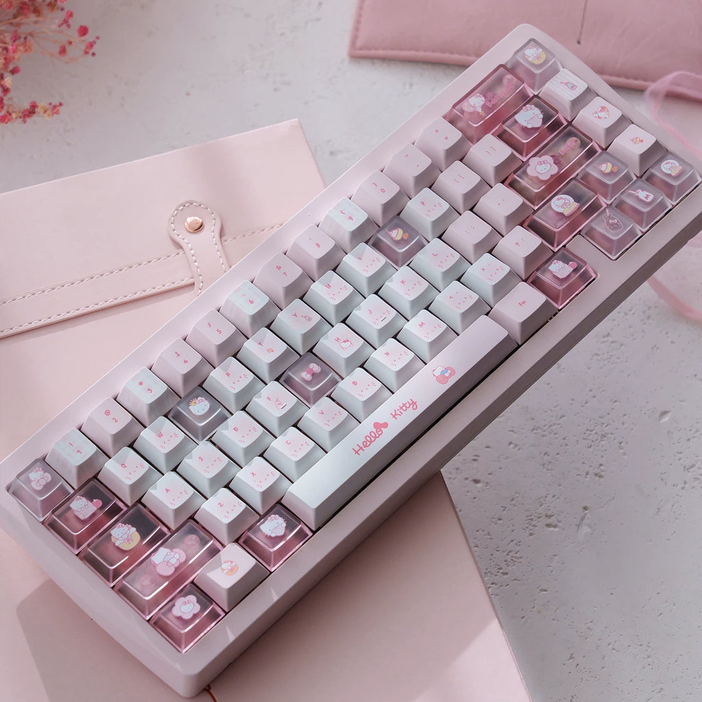 Kawaii Hello Kitty Pastel Pink Keycap Set – PBT Dye-Sublimation & Translucent Frosted PC Novelties (Cherry Profile)