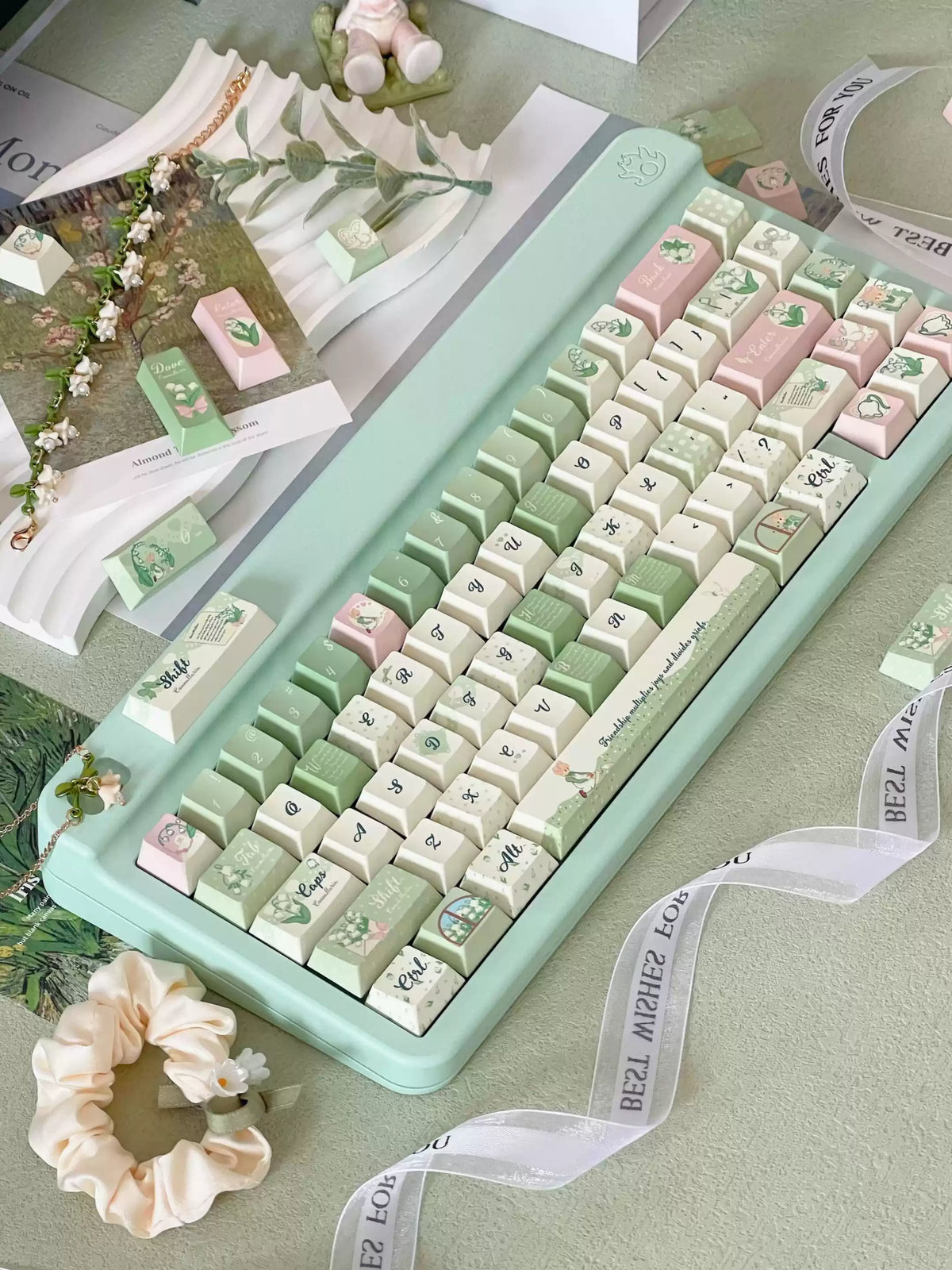 Lily of the Valley Keycap Set | Pastoral Sage Green PBT Cherry Profile Keycaps | 131 Keys