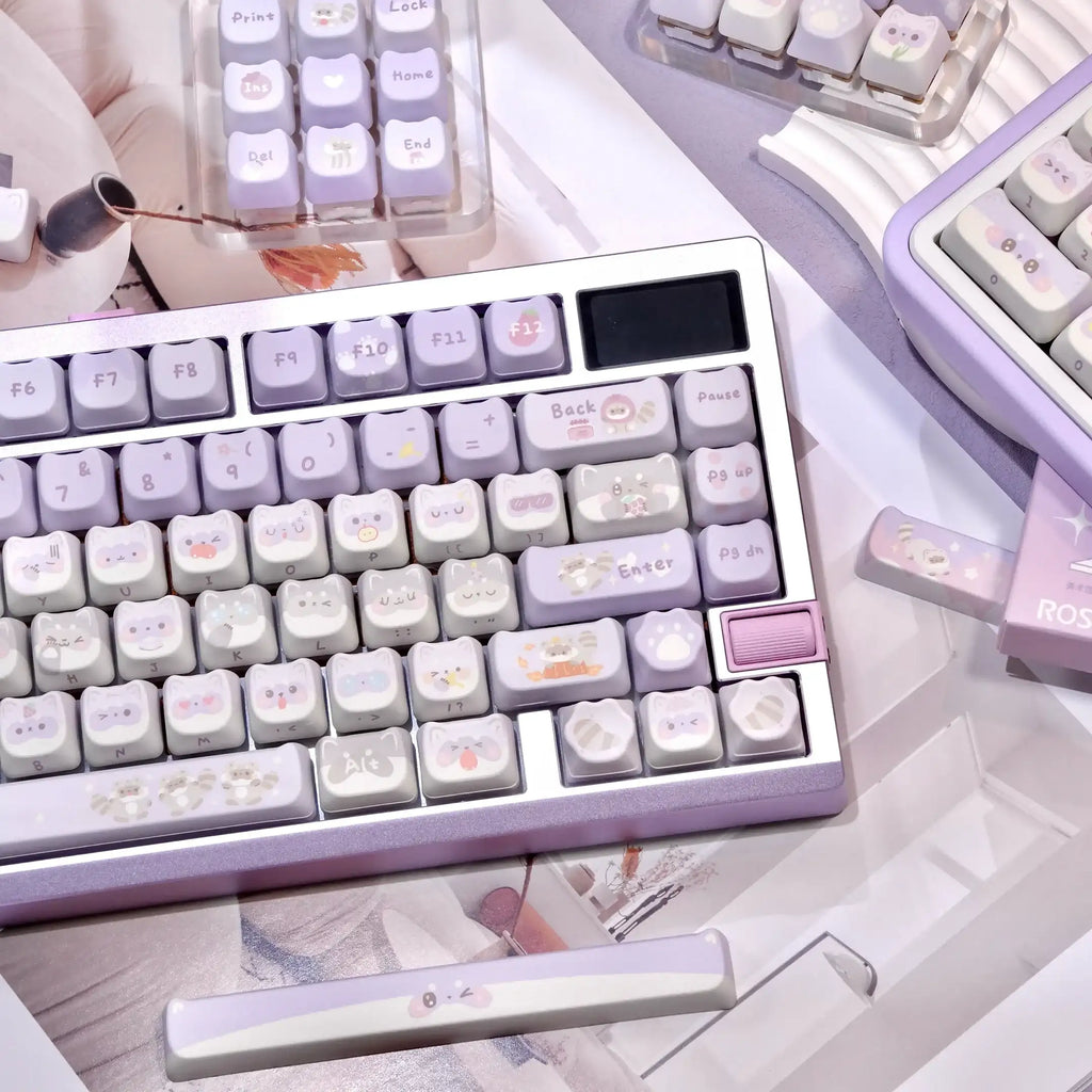 raccoon troop mao profile keycaps 2025 141 keys 5-side dye-sub pbt full set kawaii purple pastel