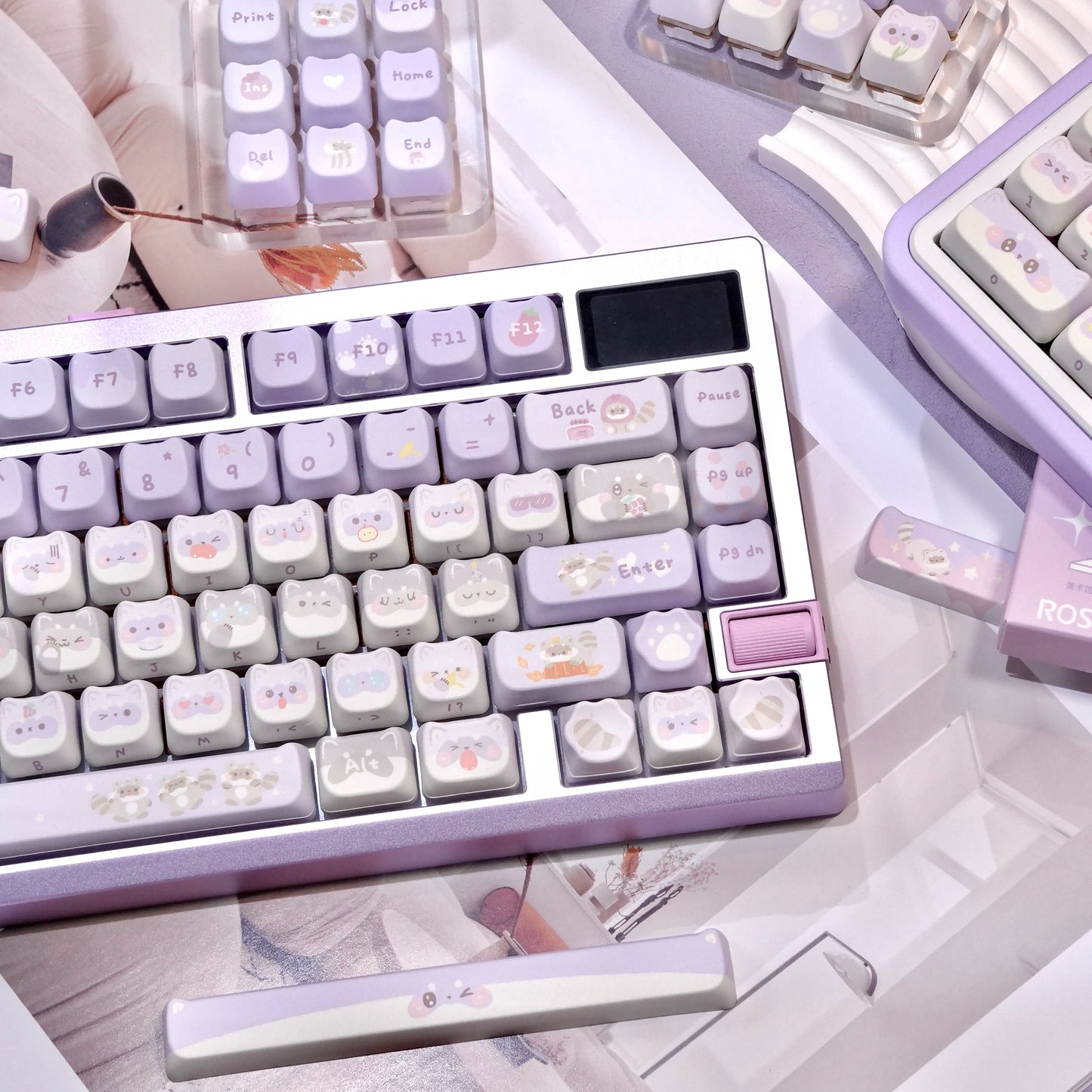 raccoon troop mao profile keycaps 2025 141 keys 5-side dye-sub pbt full set kawaii purple pastel
