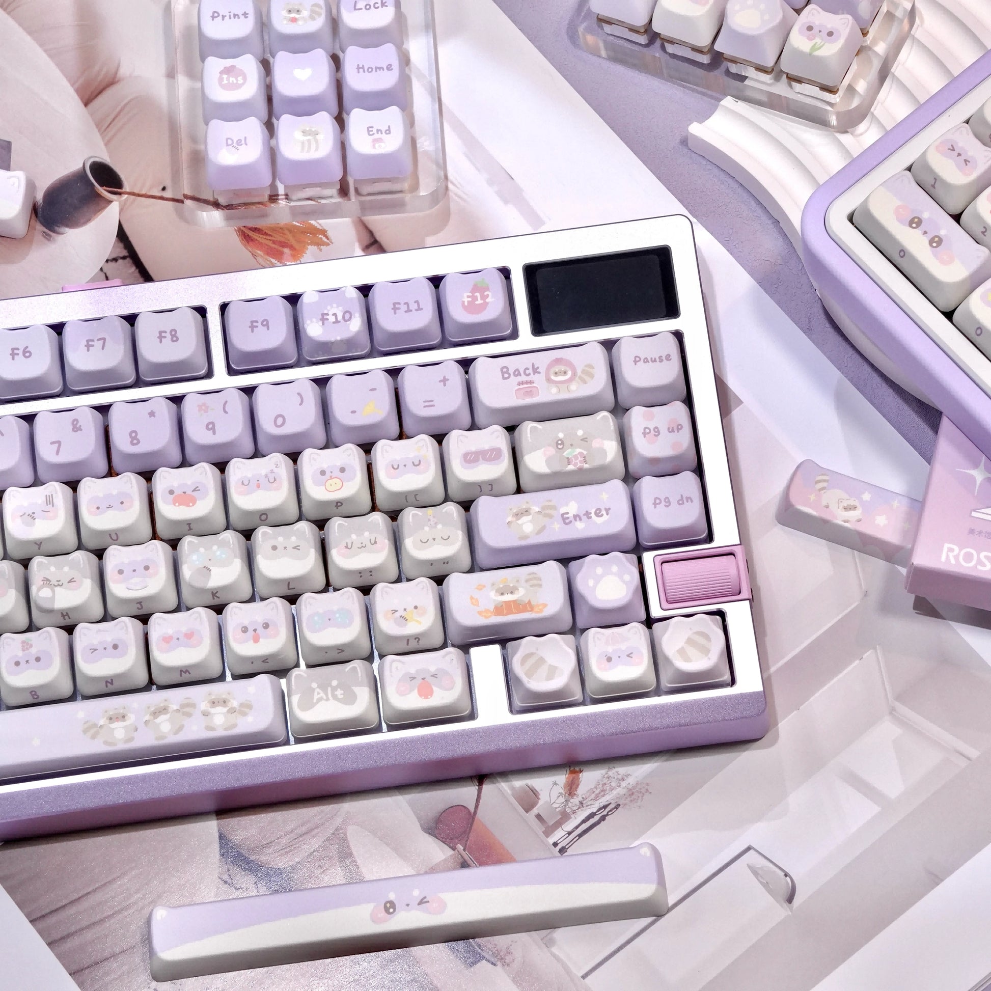 raccoon troop mao profile keycaps 2025 141 keys 5-side dye-sub pbt full set kawaii purple pastel