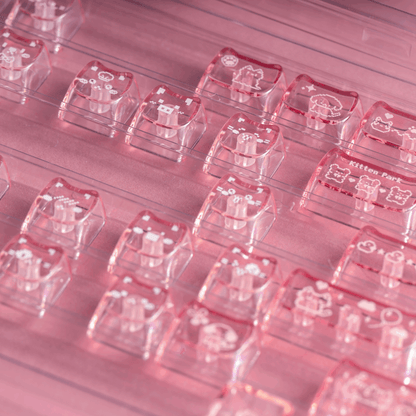 pixel meow meow transparent pc foggy keycaps dye-sub legends closeup rgb shine through 8-bit cat 2025