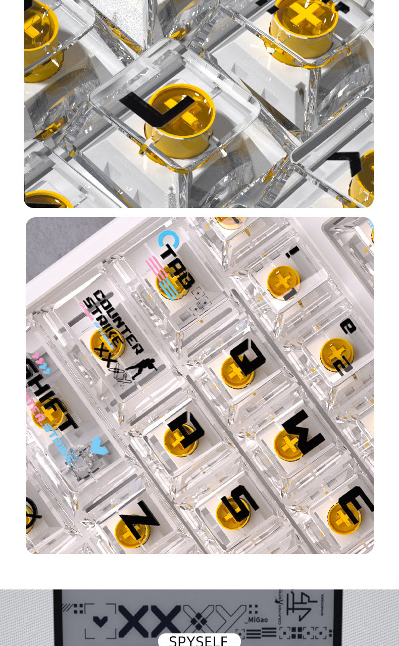 Close-up of Printstream Collection white keycaps with side legends