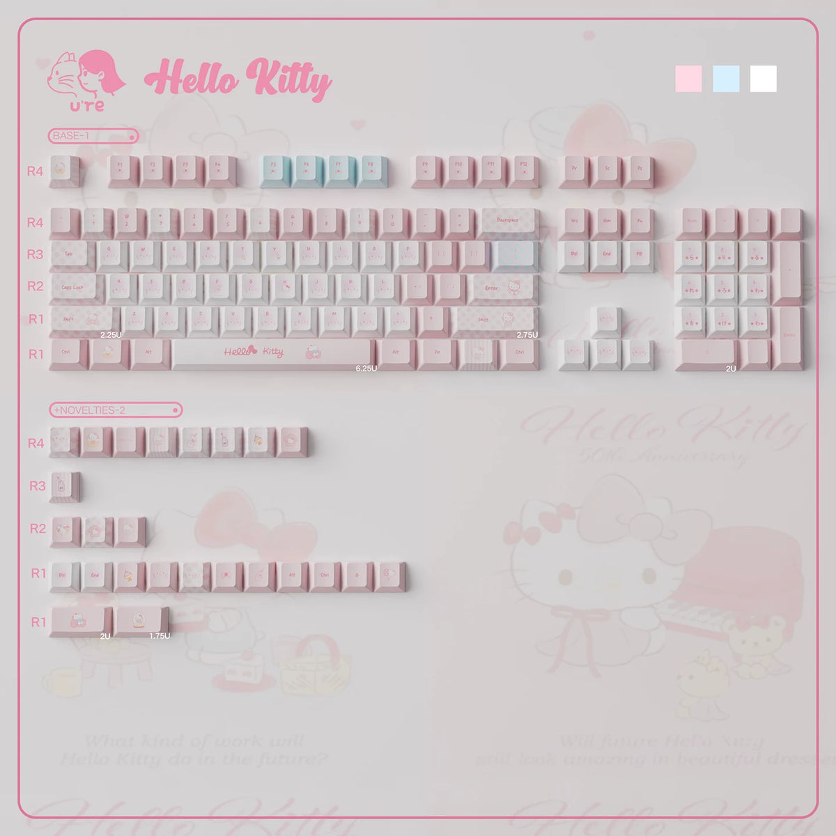 Kawaii Hello Kitty Pastel Pink Keycap Set – PBT Dye-Sublimation & Translucent Frosted PC Novelties (Cherry Profile)