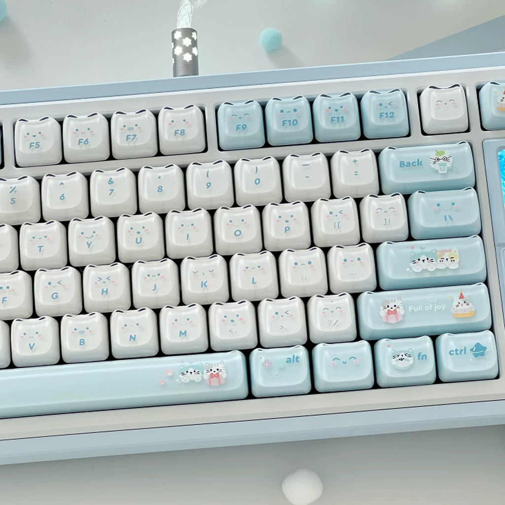 Jelly Cat Paradise Keycap Set – Pastel Blue & White ABS+PC Double-Shot Cute Kitty Keycaps (119 Keys, MAO Profile)