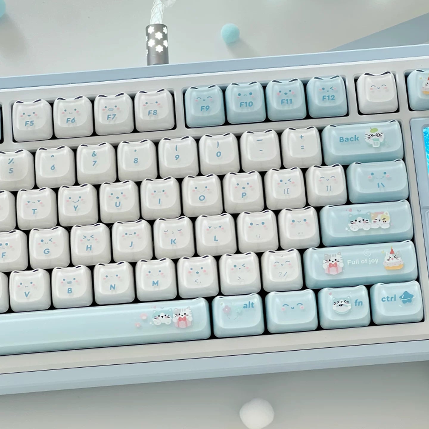 Jelly Cat Paradise Keycap Set – Pastel Blue & White ABS+PC Double-Shot Cute Kitty Keycaps (119 Keys, MAO Profile)