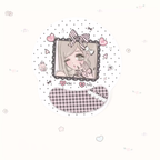 A round white sticker or decal featuring a cute anime-style girl illustration with a pink bow, hearts, stars, and a pink-and-white gingham band at the bottom, shown on a very light cream background with faint decorative doodles.