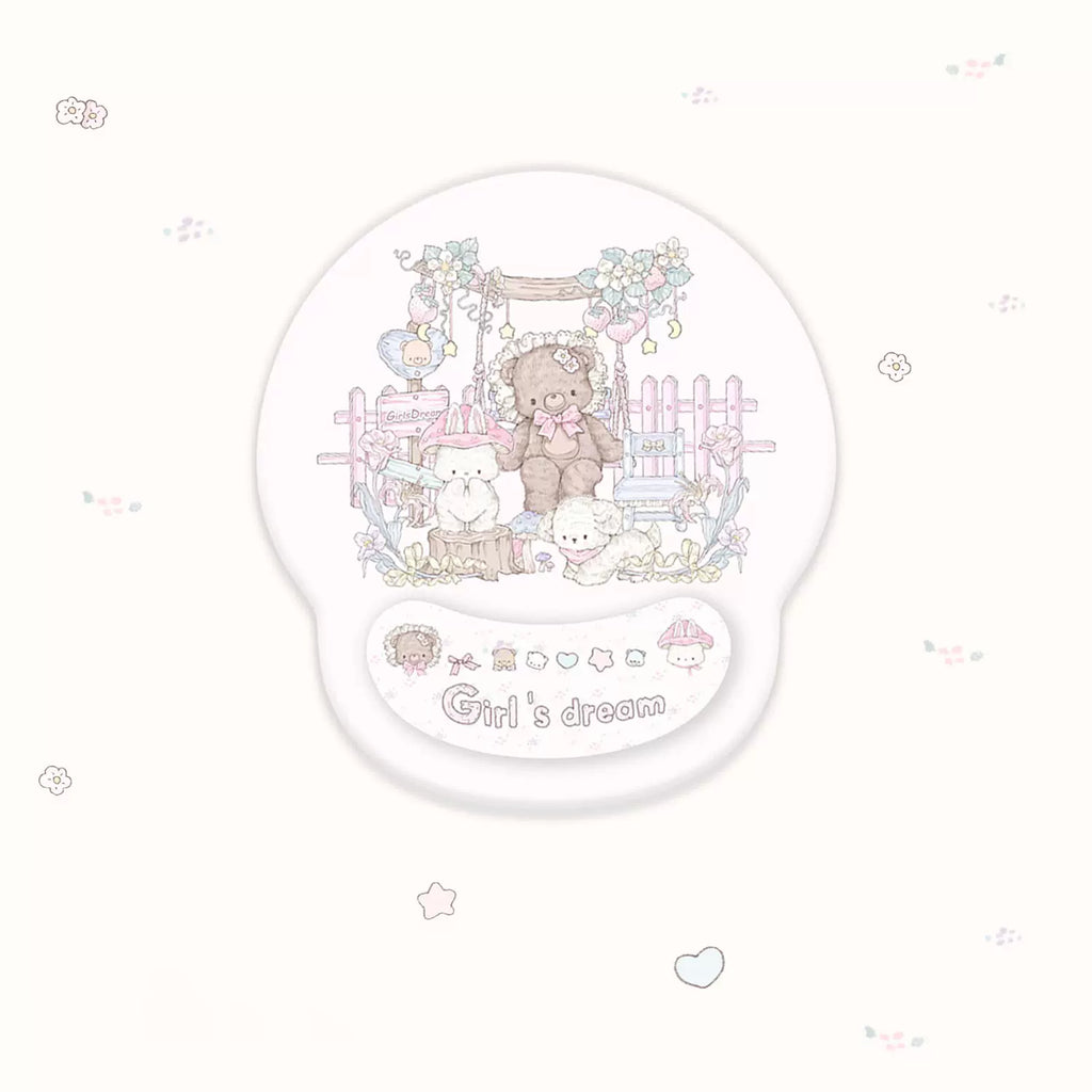 A round gel pad with a cute pastel illustration of a teddy bear on a swing, small animals, flowers, and the text 'Girl's dream' on a white background with scattered pastel decorative icons.