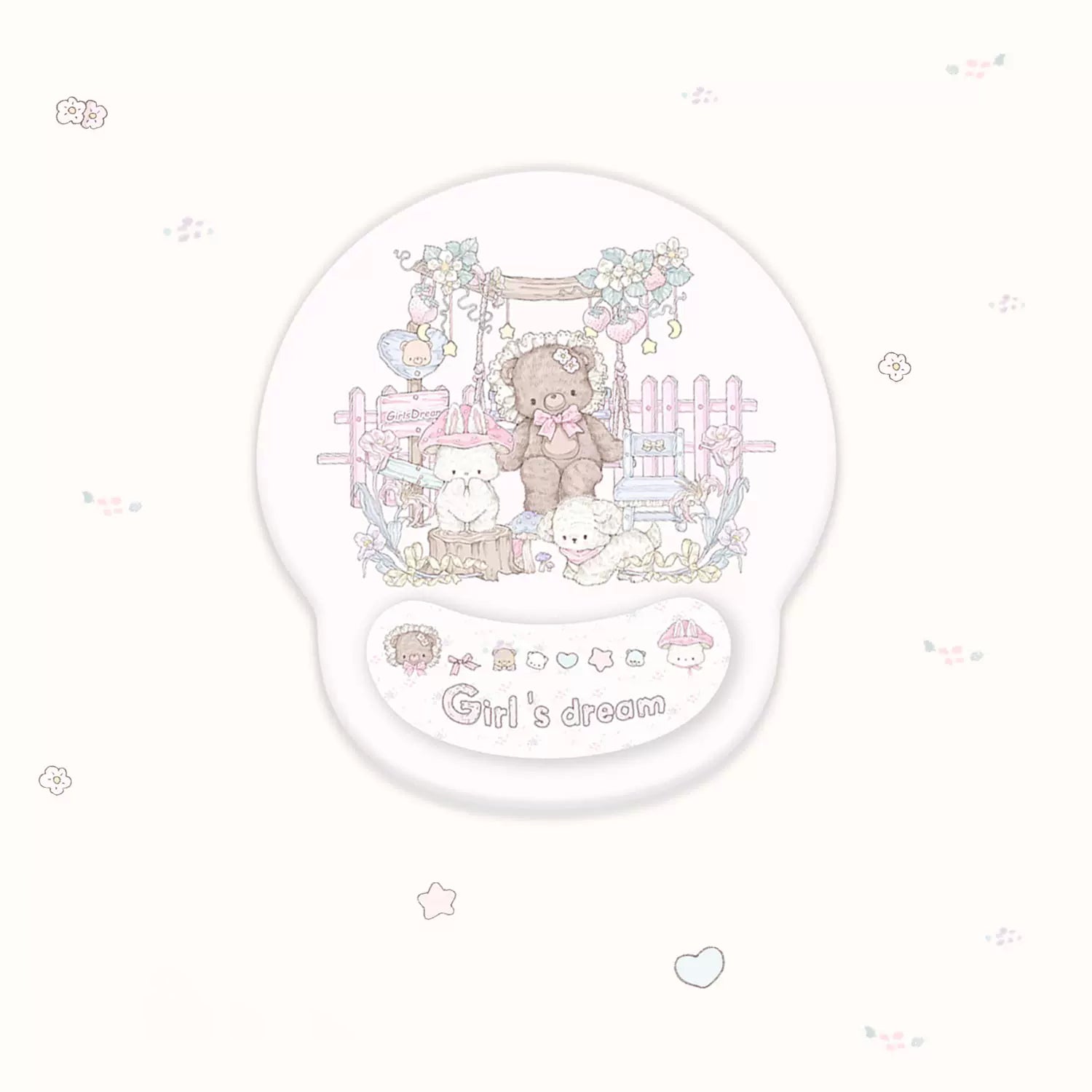 A round gel pad with a cute pastel illustration of a teddy bear on a swing, small animals, flowers, and the text 'Girl's dream' on a white background with scattered pastel decorative icons.