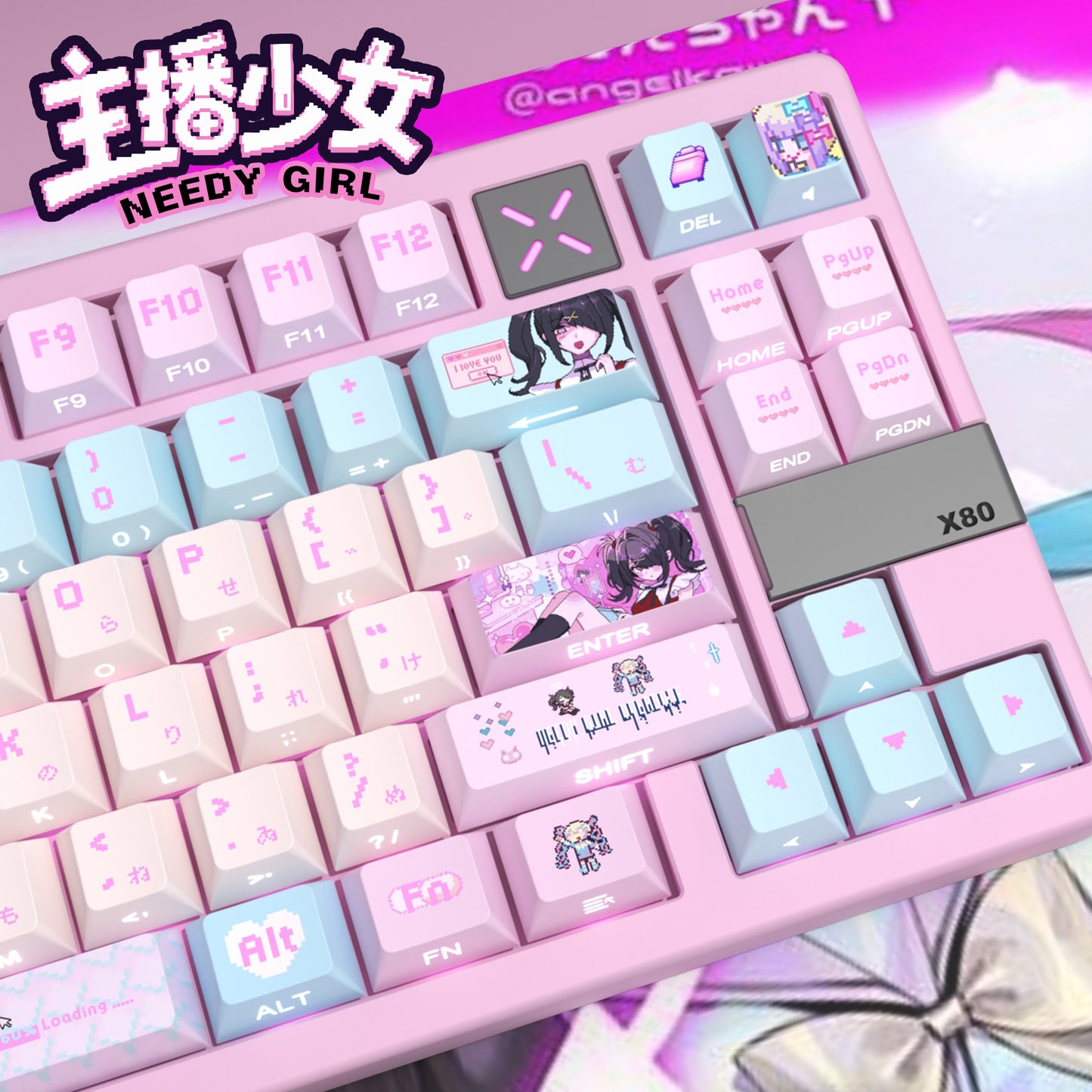 purple and pink pastel keycaps with bunny theme
