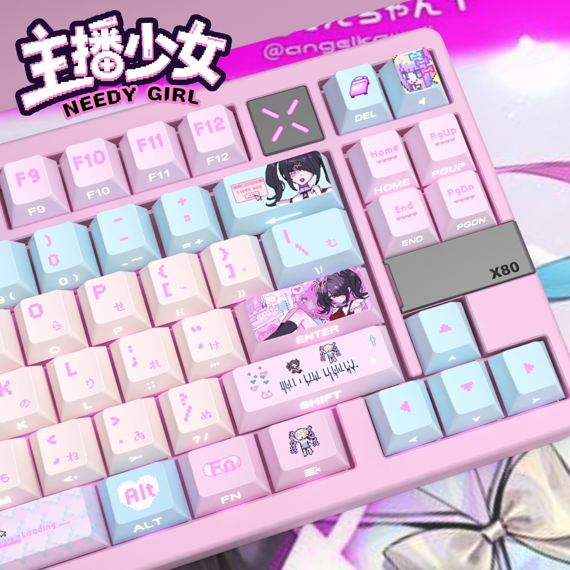 purple and pink pastel keycaps with bunny theme