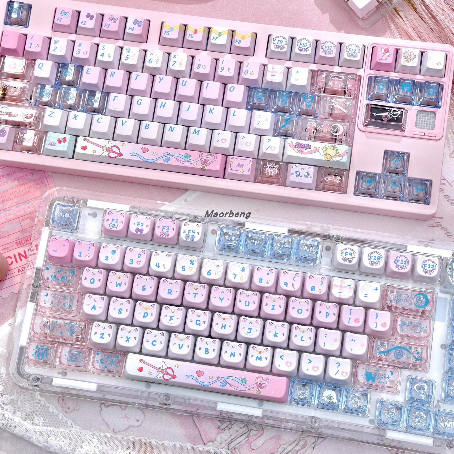 sailor moon crystal keycaps on 75% mechanical keyboard transparent pc mao profile rgb glow pastel pink setup 2025