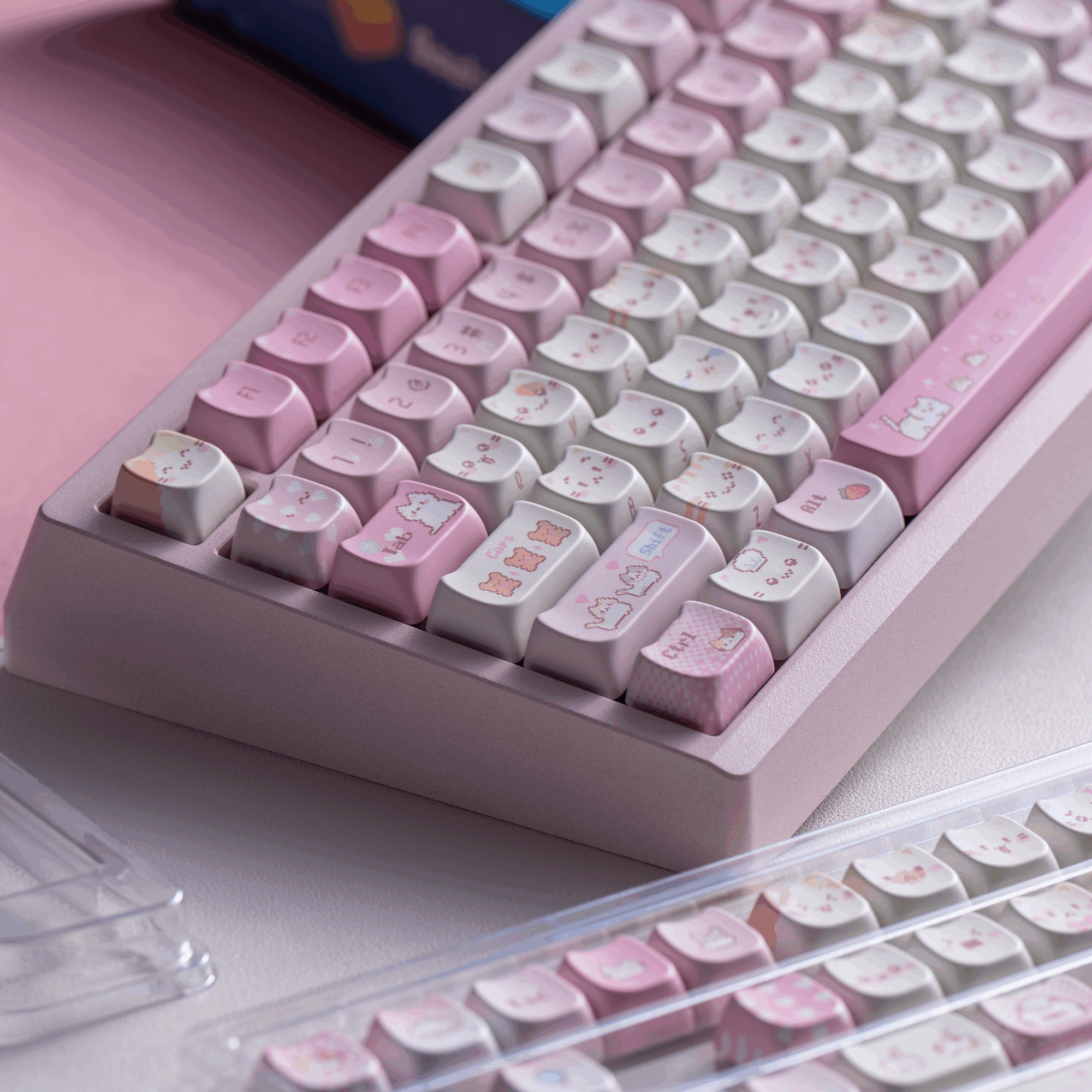 pixel meow meow keycaps on mechanical keyboard transparent pc foggy rgb glow kawaii pixel cat setup 2025