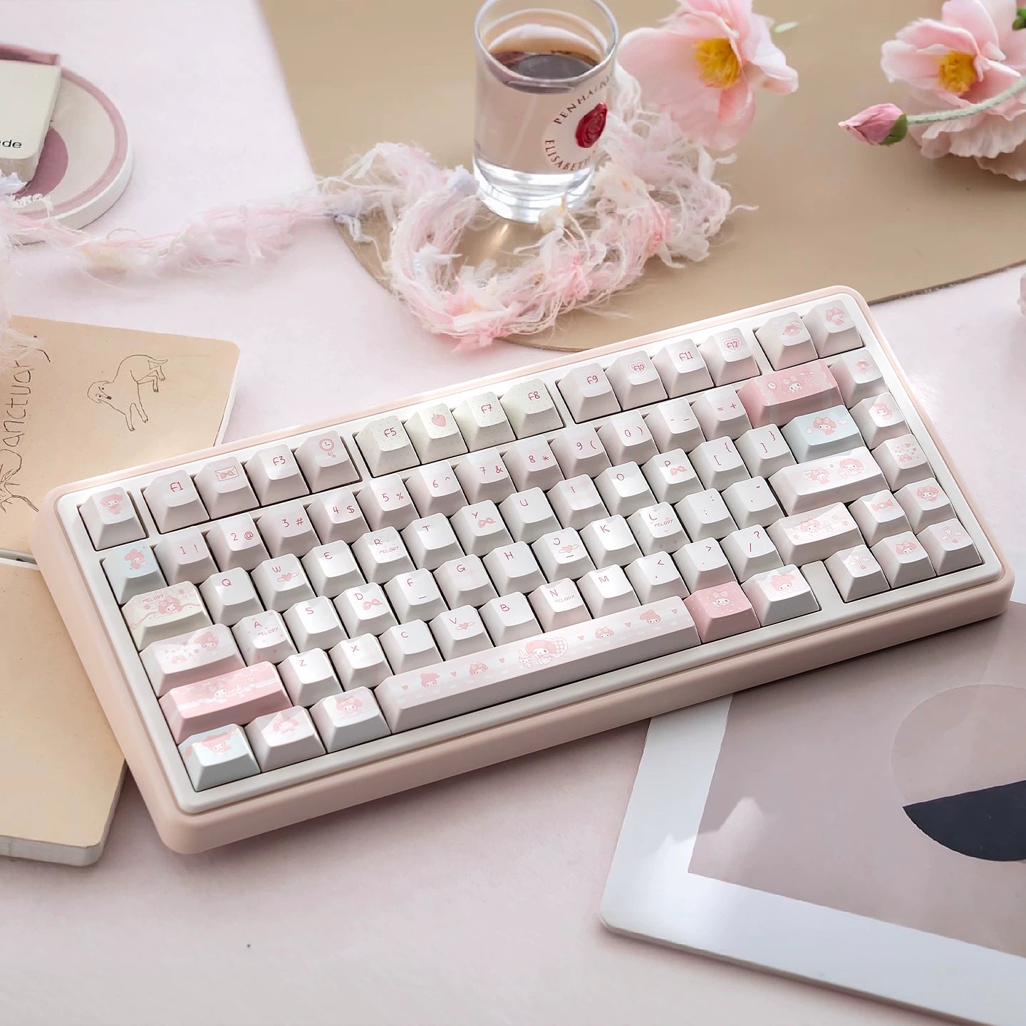 Cute My Melody Pink Keycap Set – PBT Dye-Sublimation Keycaps for Mechanical Keyboards