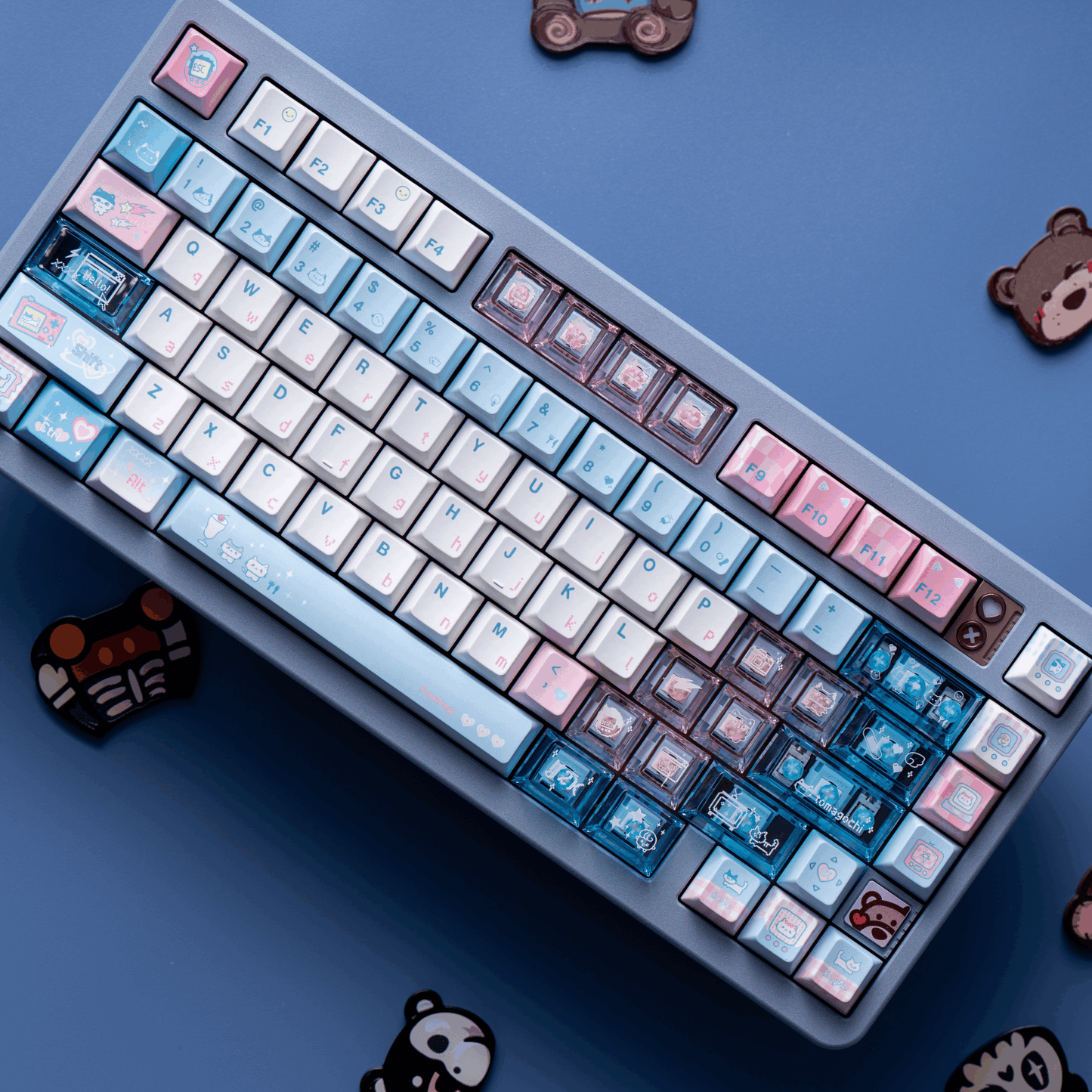 electronic meow meow keycaps 2025 pbt pc transparent foggy dye-sub full set kawaii cyber cat neon 140 keys
