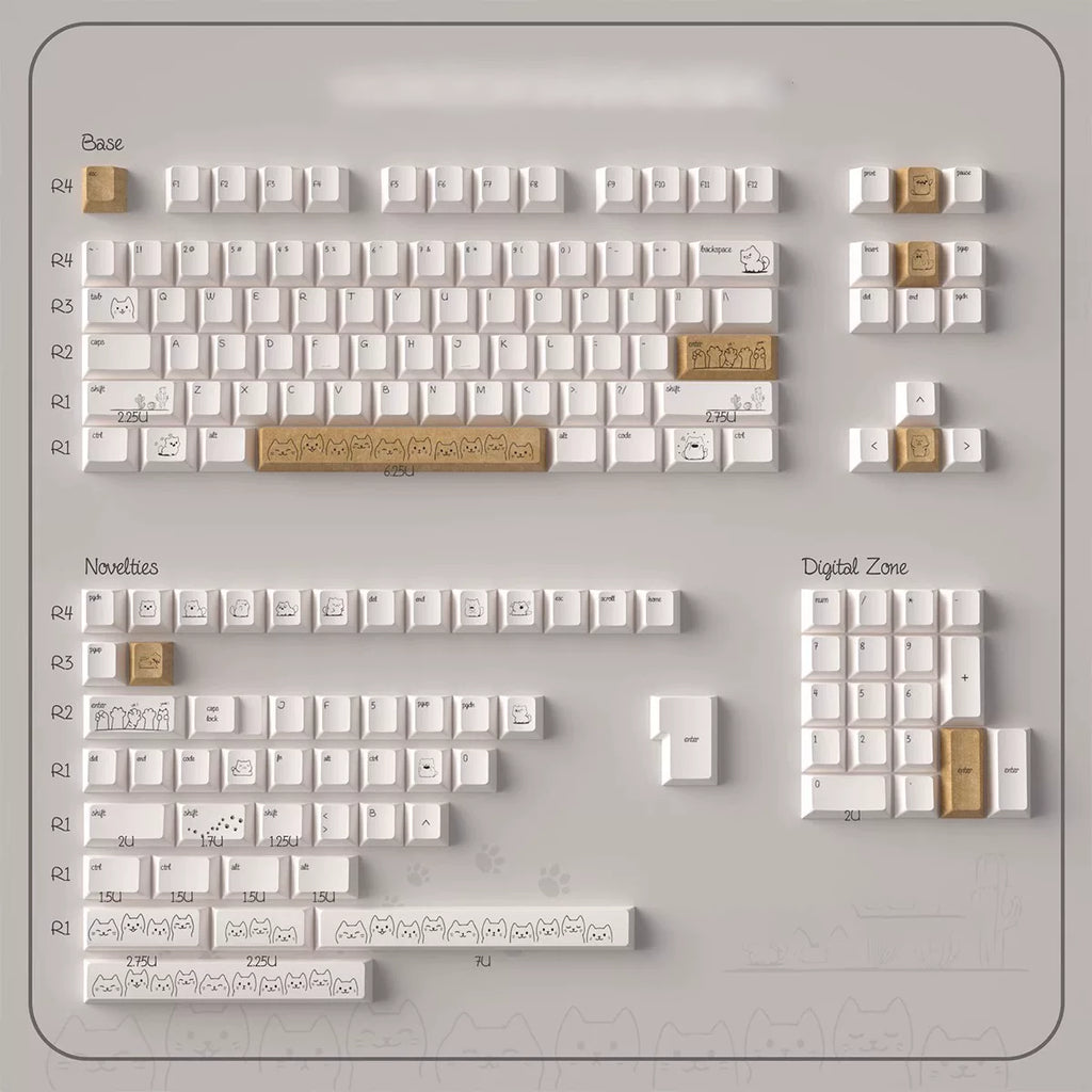 Dune Cat Keycaps Set – 144 Keys Cream & Caramel PBT Dye-Sub, OEM Profile, Alice Layout Compatible