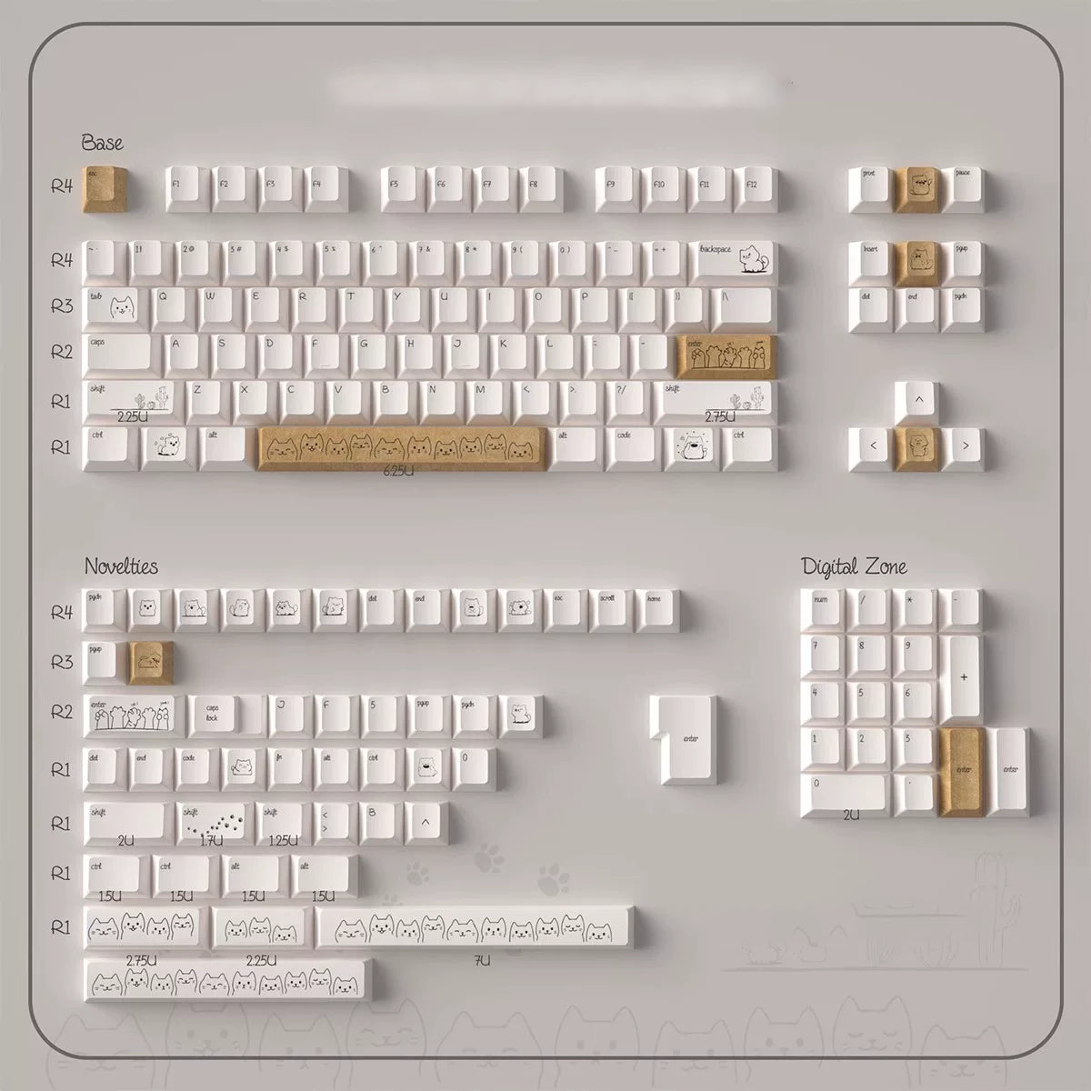 Dune Cat Keycaps Set – 144 Keys Cream & Caramel PBT Dye-Sub, OEM Profile, Alice Layout Compatible