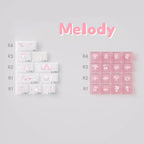 Packaging of Melody products with labeled sections on a light gray background