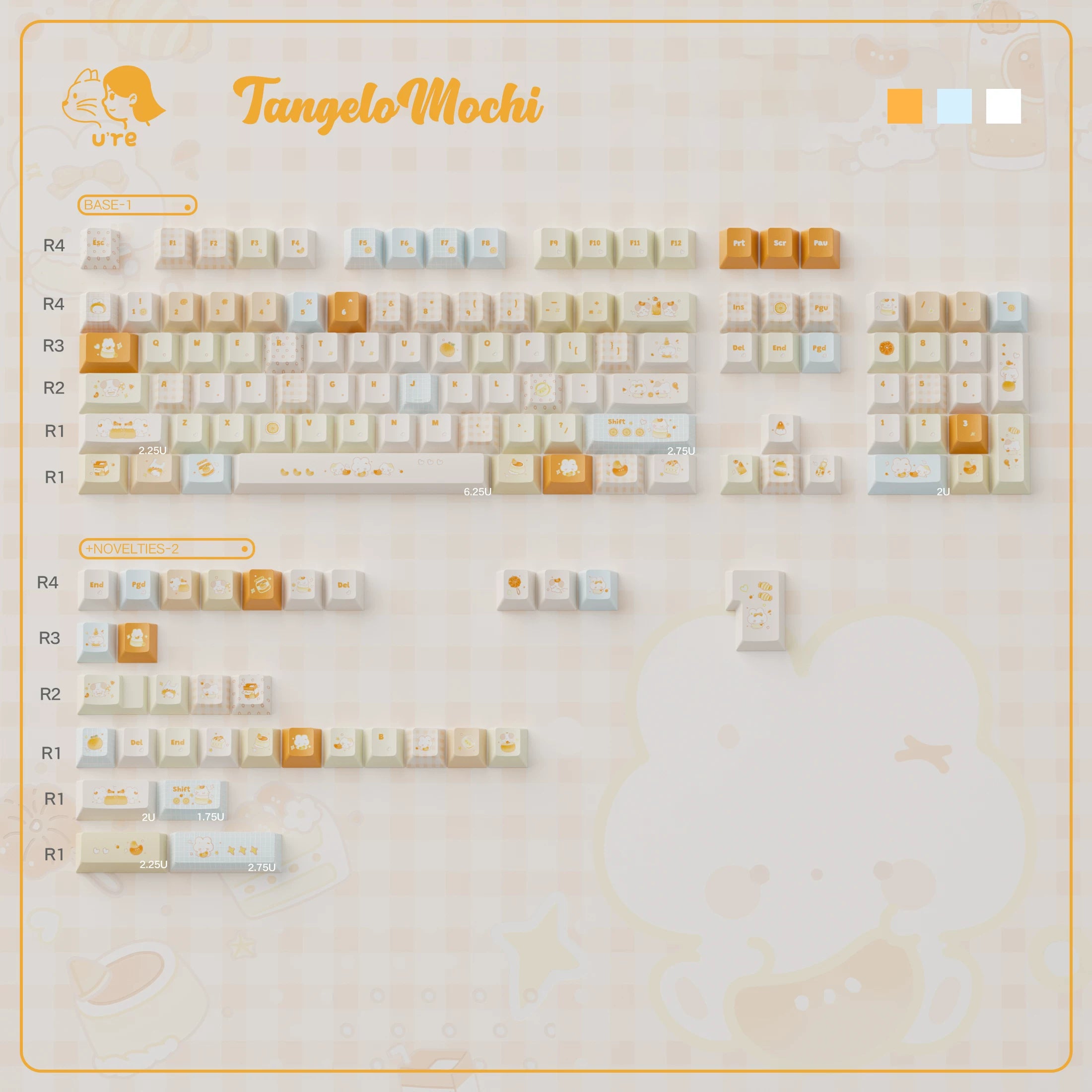 Tangelo Mochi Keycap Set | PBT Dye-Sub Orange Cream Gingham Cute Animal Keycaps | Arktcat x U're