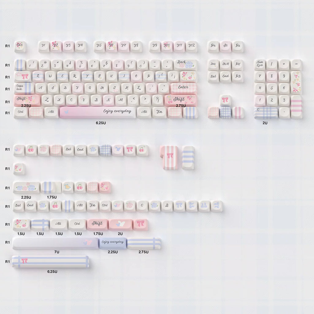 Grid Garden Keycaps Set – Blue & Pink Gingham Floral PBT Dye-Sub, OEM/MOA Profile