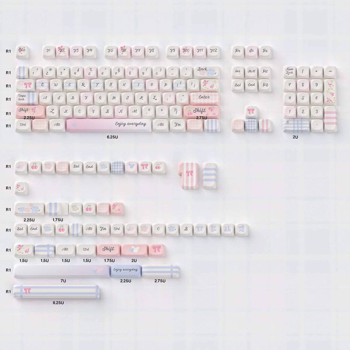 Grid Garden Keycaps Set – Blue & Pink Gingham Floral PBT Dye-Sub, OEM/MOA Profile