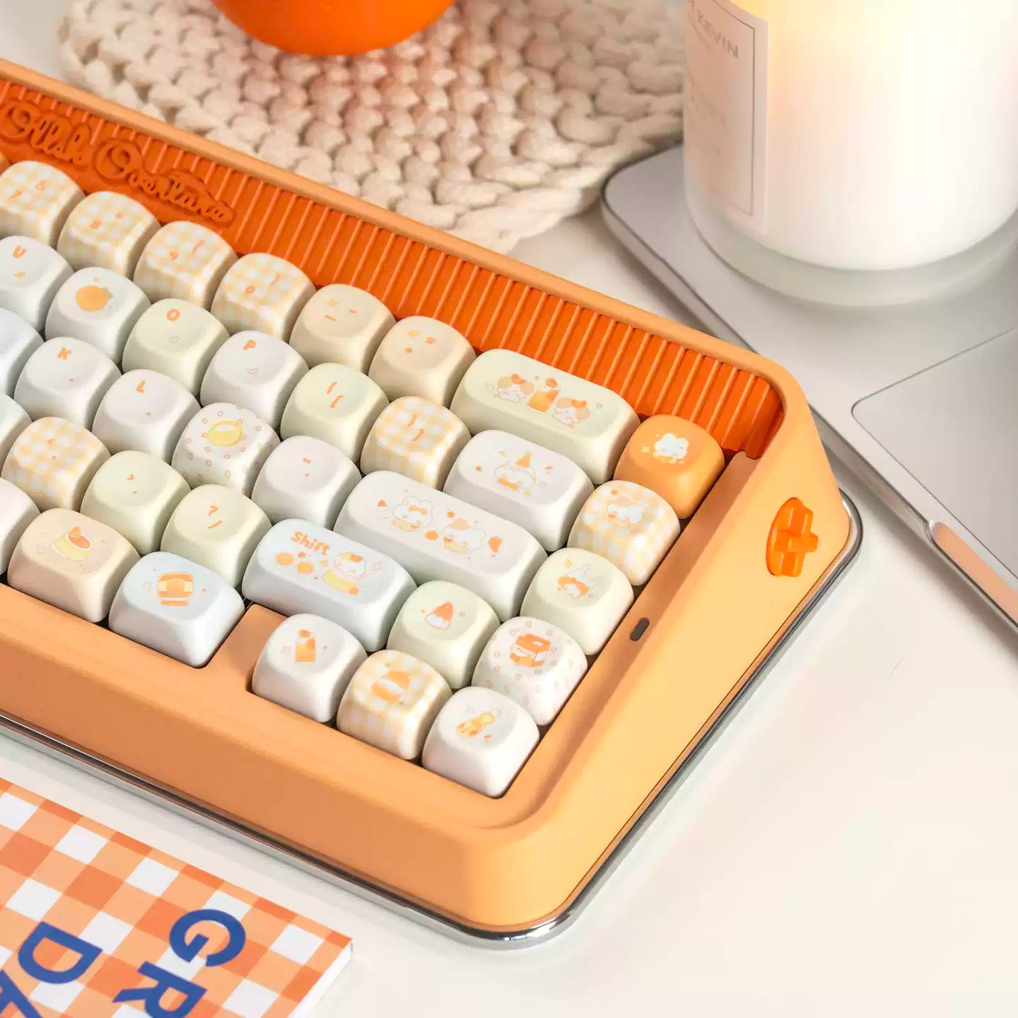 Tangelo Mochi Keycap Set | PBT Dye-Sub Orange Cream Gingham Cute Animal Keycaps | Arktcat x U're