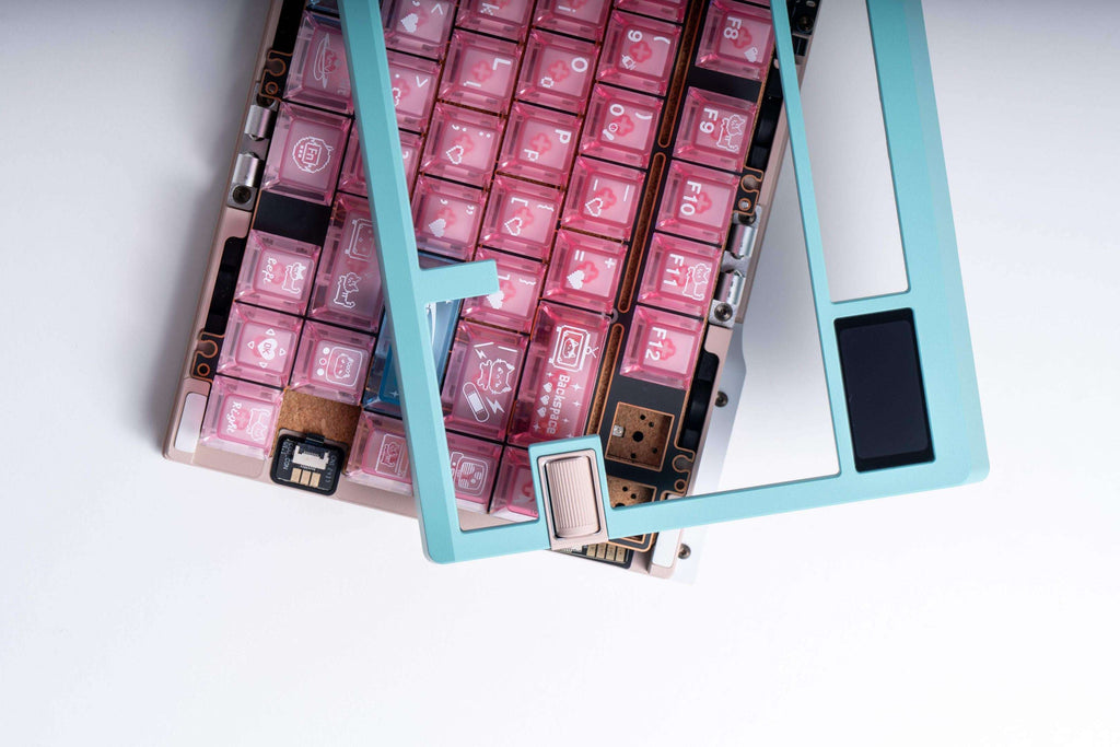 electronic meow meow novelty keycaps cyber cat neon heart circuit vr headset pink transparent foggy 2025