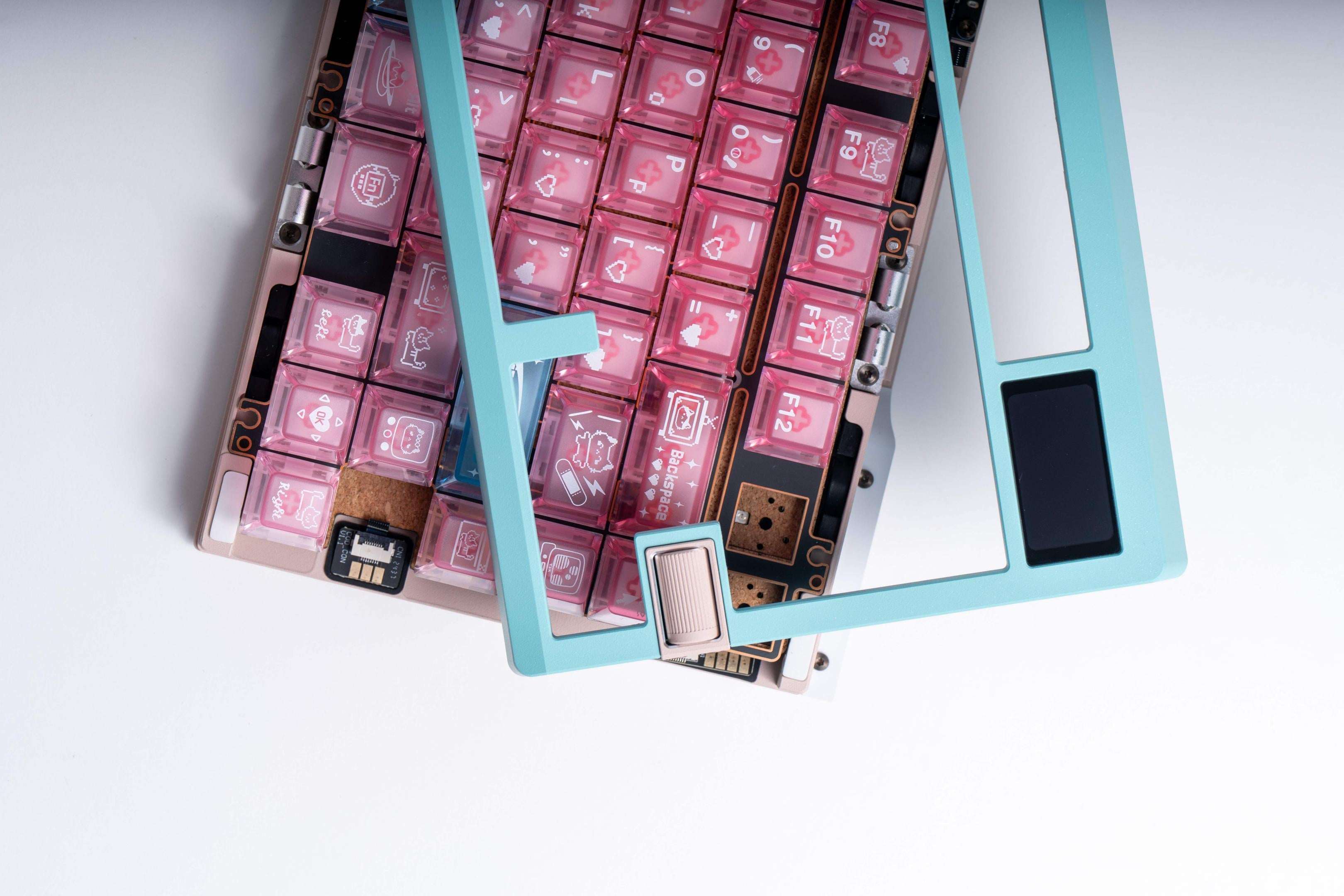 electronic meow meow novelty keycaps cyber cat neon heart circuit vr headset pink transparent foggy 2025