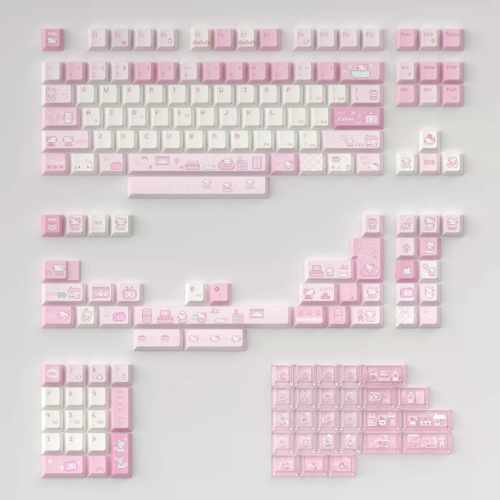 A set of pastel pink and white mechanical keyboard keycaps with cute illustrations, arranged on a light gray background.