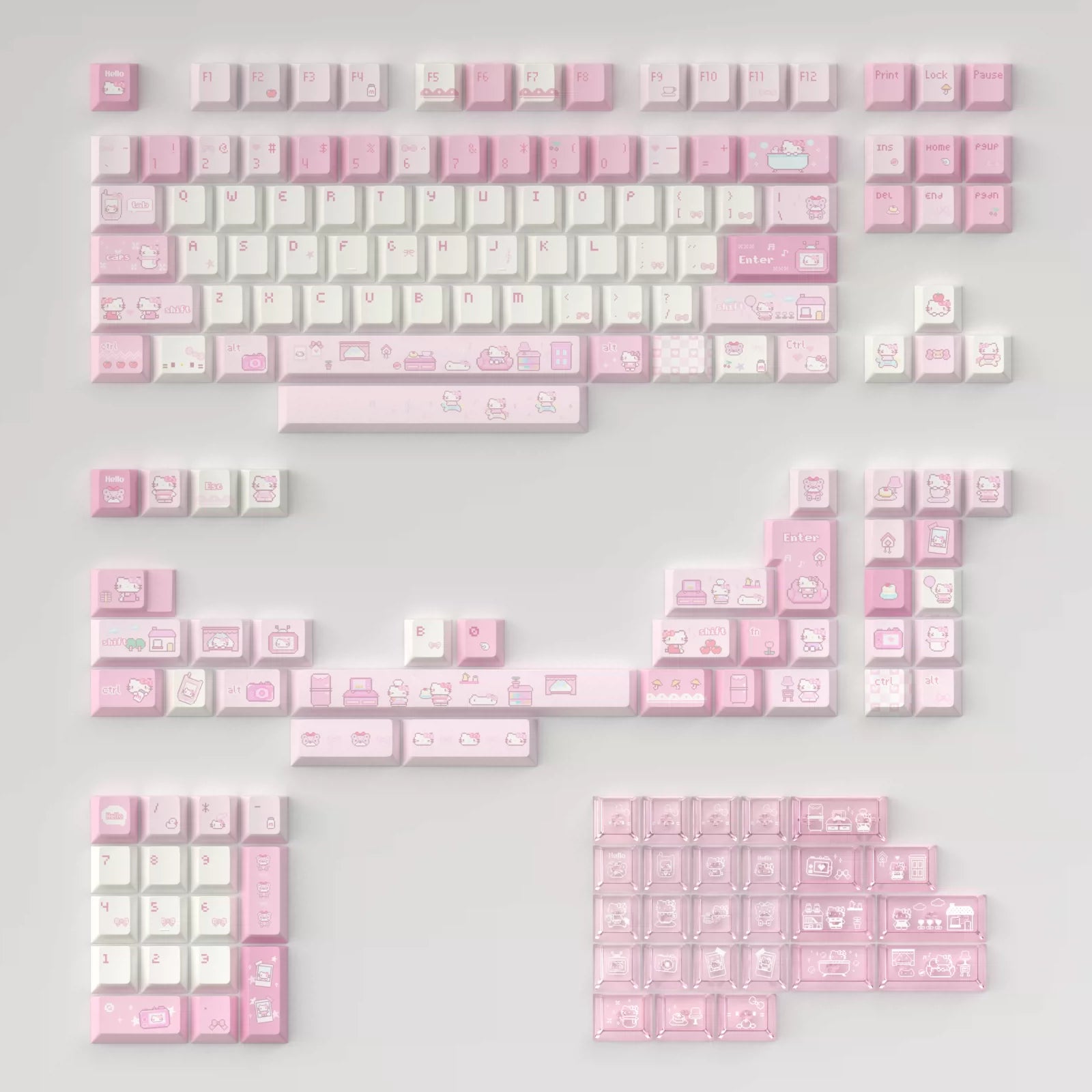 A set of pastel pink and white mechanical keyboard keycaps with cute illustrations, arranged on a light gray background.