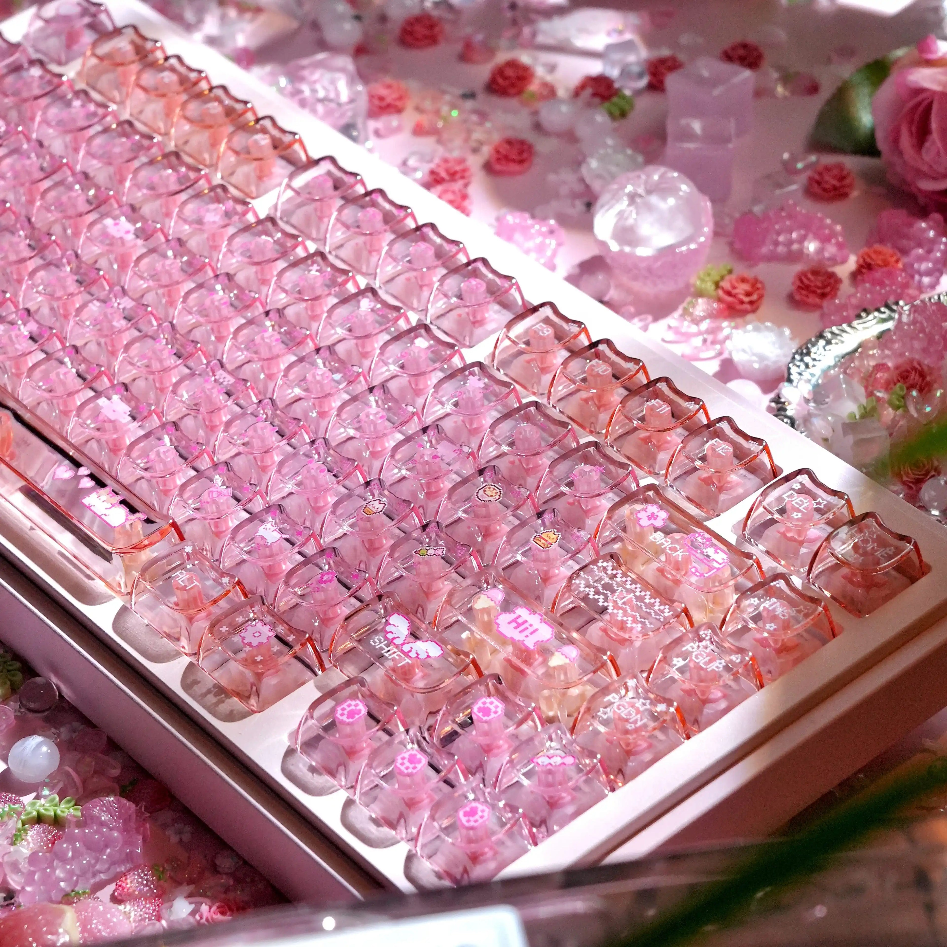 Electronic Cat Keycap Set | MAO Profile Transparent Pink PC Keycaps